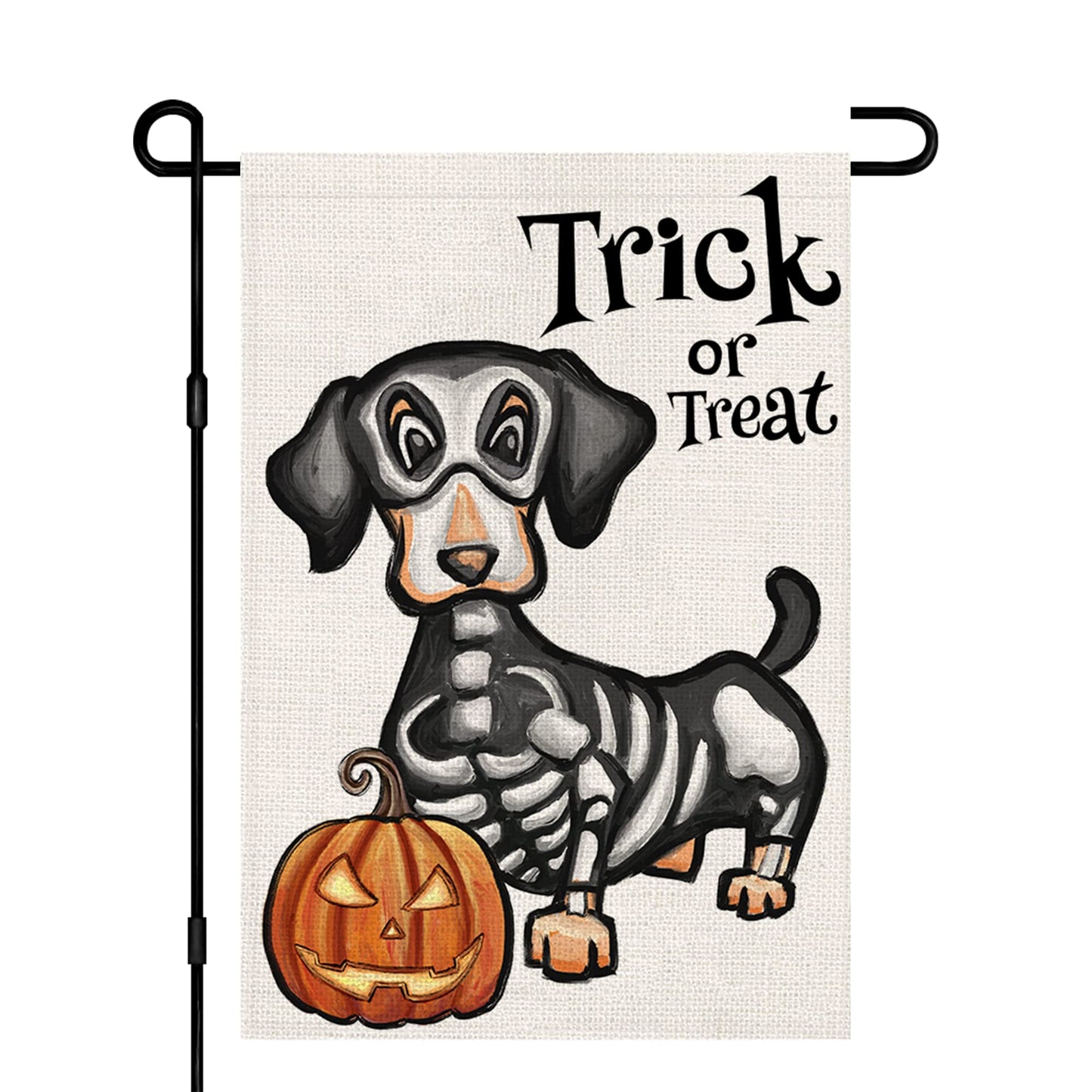 Halloween Trick or Treat Garden Flag Ghost Dog 12x18 Inch Small Double Sided Burlap Welcome Yard Dachshund Skeleton Outside Decorations DF342