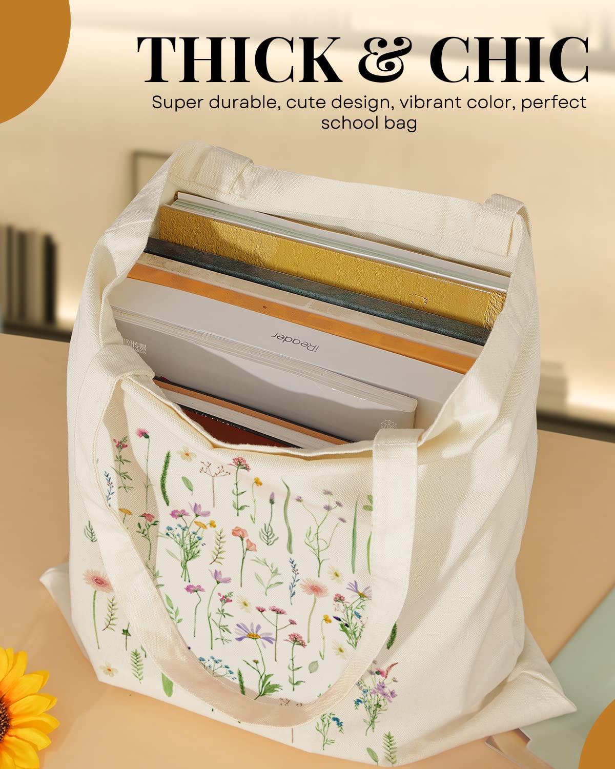 AUSVKAI Canvas Tote Bag Aesthetic for Women, Cute Trendy Wildflowers Reusable Cloth Cotton Bags with Handle for Grocery college Shopping Beach