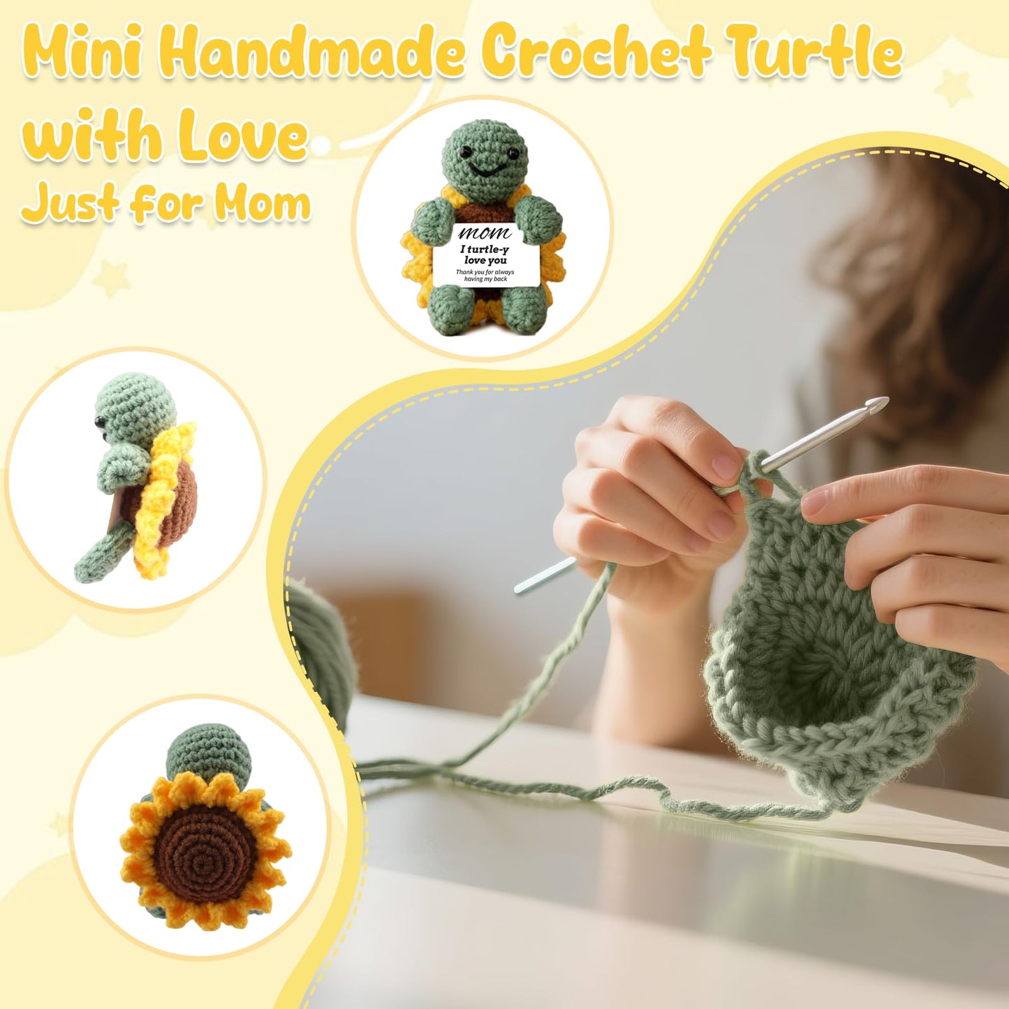 Mothers Day Gifts for Mom from Daughter Son,Funny Mom Gifts Birthday Gifts for Grandma Mother,Mini Positive Handmade Crochet Christmas Stocking Stuffers Secret Santa Gift Ideas (Sunflower-Turtle-Mom)