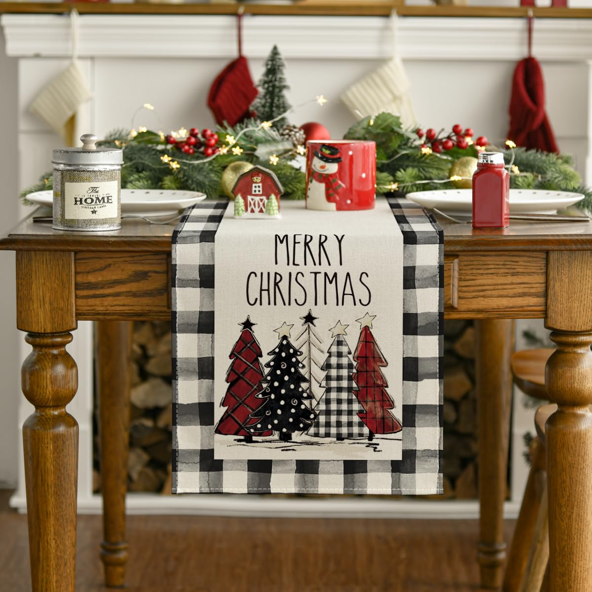 Waterclor Buffalo Plaid Christmas Trees Merry Xmas Table Runner, Seasonal Winter Holiday Kitchen Dining Table Decoration for Indoor Outdoor Home Party Decor 13 x 36 Inch