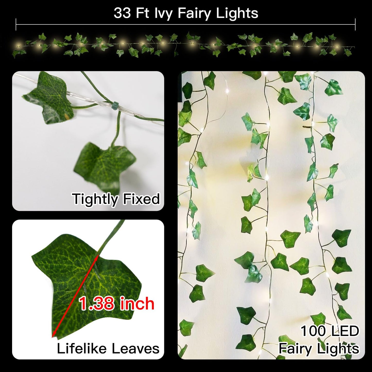 suddus Vine with Fairy Lights Battery Operated, 33ft100 LED Pothos String Lights with Remote, Leaf Lights for Bedroom, Room, Wall, Garden, Party, Wedding Dorm Decor(Warm White)
