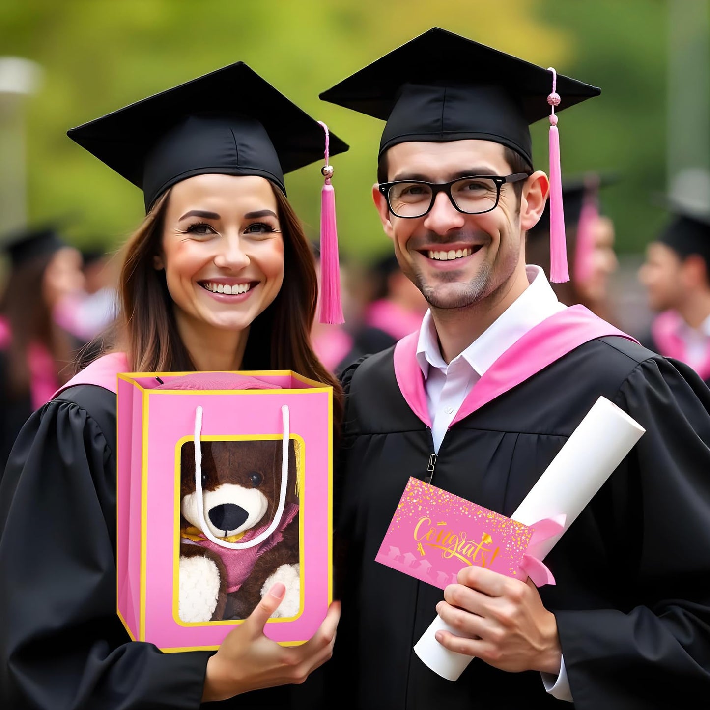 ZJoey Bear with Graduation Cap Toys Class of 2026 Plush Stuffed Teddy Bear Animal Dog Cap and Gown with Greeting Card and Bag for Graduation Day Gift(Pink)