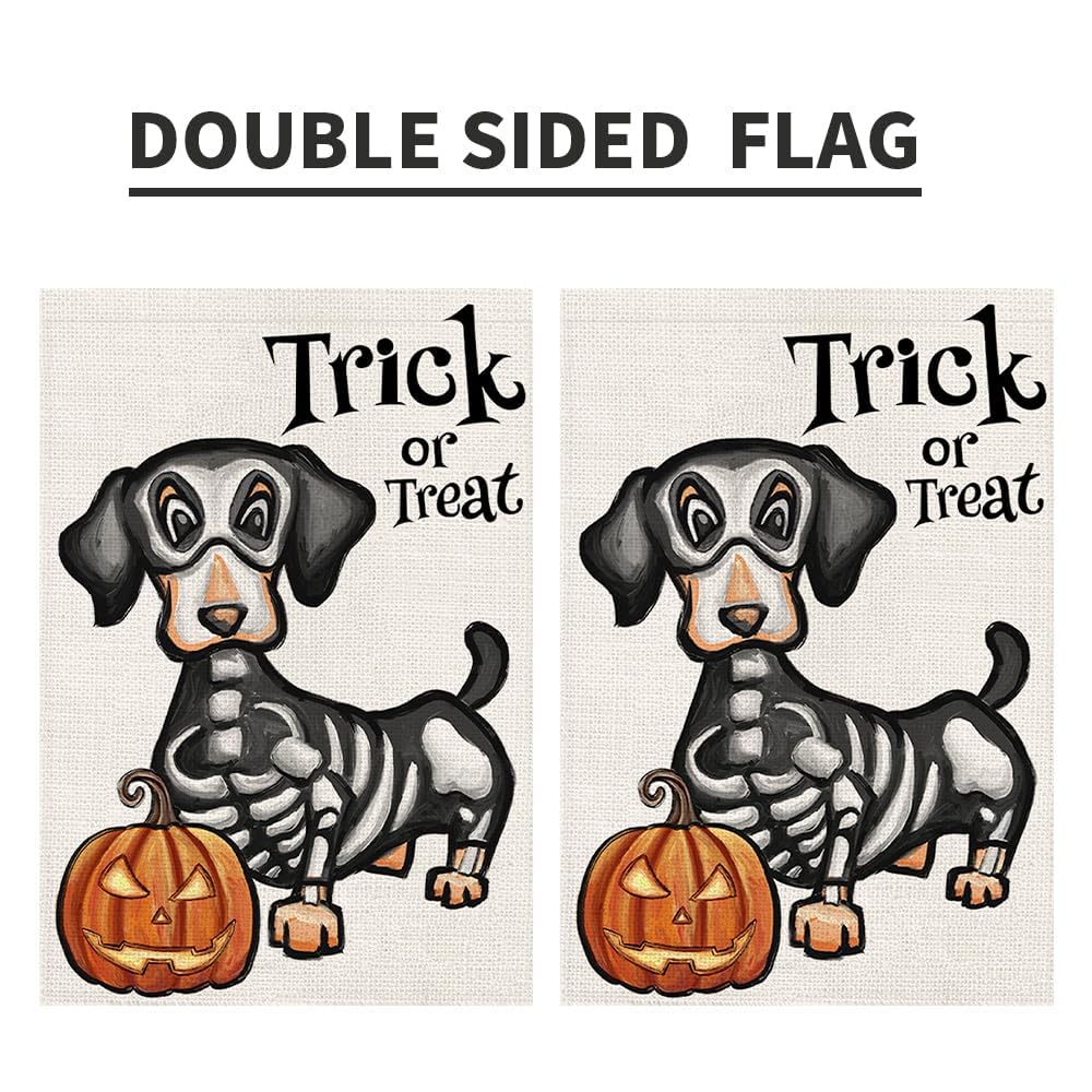 Halloween Trick or Treat Garden Flag Ghost Dog 12x18 Inch Small Double Sided Burlap Welcome Yard Dachshund Skeleton Outside Decorations DF342