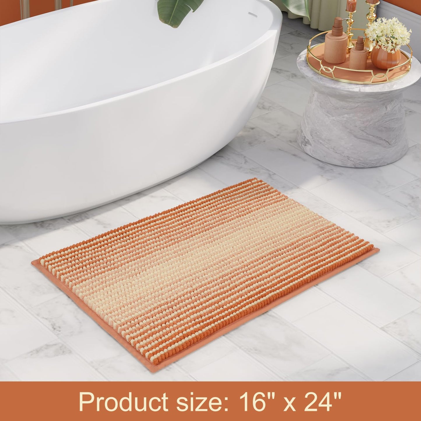 BSICPRO Bathroom Rugs, Bath Mat Rug for Bathroom Non Slip 17 x 24 Inches Water Absorbent Chenille Bathroom Floor Mats Machine Washable (Pumpkin Orange and Cream)