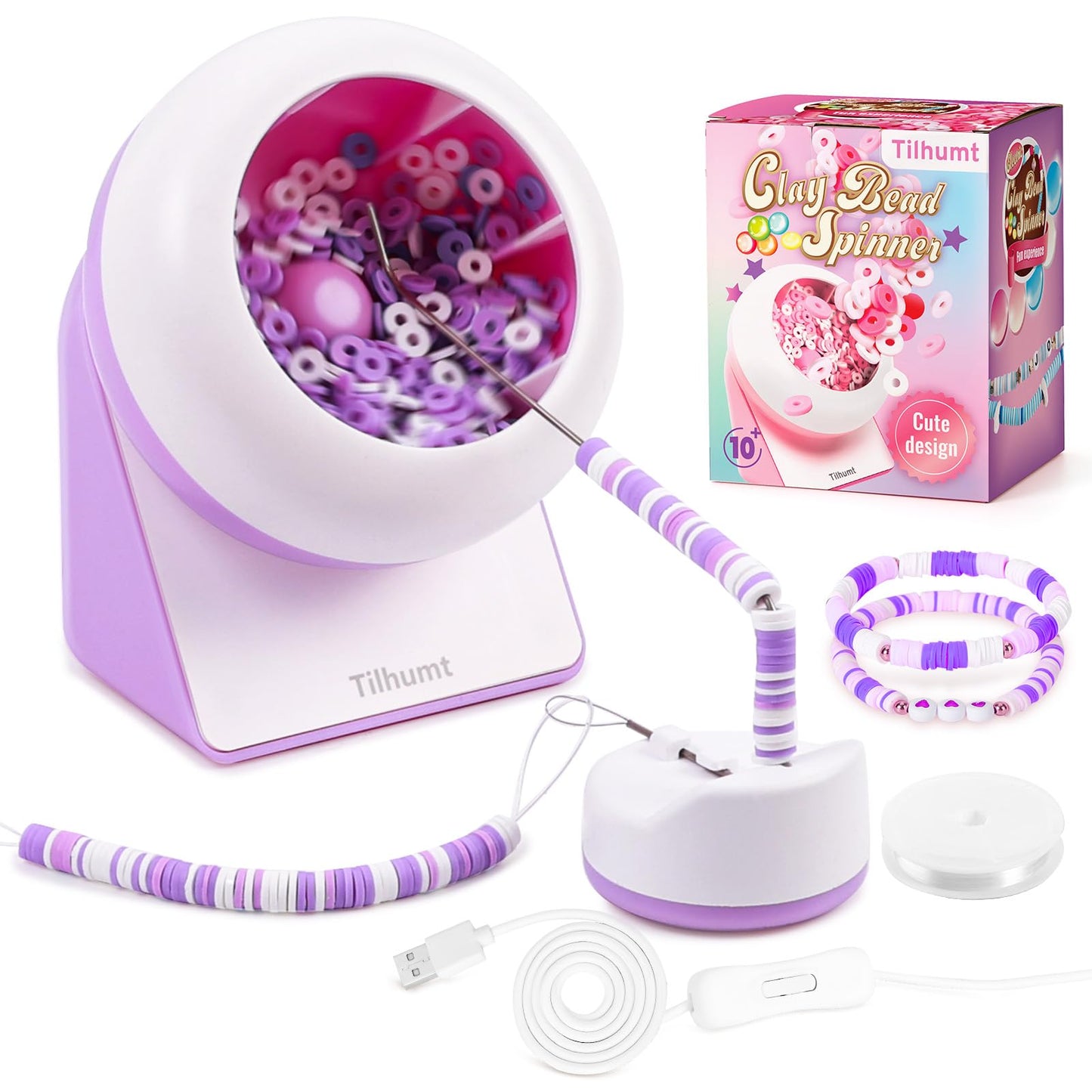 Clay Bead Spinner, Electric Bead Spinner for Jewelry Making, Friendship Bracelets Maker with Needle and Elastic String, Gift for Patent Design, Purple (Beads Not Included)