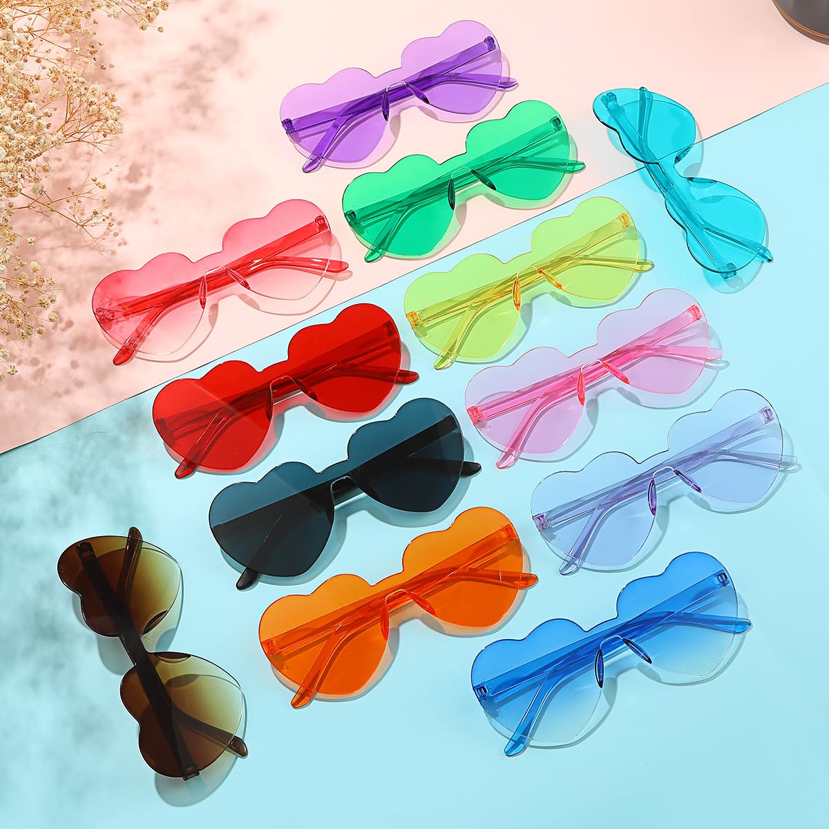 Colrea 12 Pairs Heart Sunglasses for Women Men, Trendy Heart Shaped Rimless Transparent Sunglasses, Colorful Frameeless Glasses, Bachelorette Party Favors