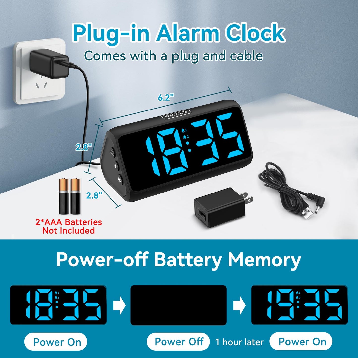 Netzu Digital Alarm Clocks for Bedrooms, Loud Alarm Clock with Dual Alarms, Bold Digits, 5 Dimmers, 4 Volumes, Snooze, Bedside Clock for Deep Sleepers Kids Teens Seniors, Plug in Clock, Easy to Set