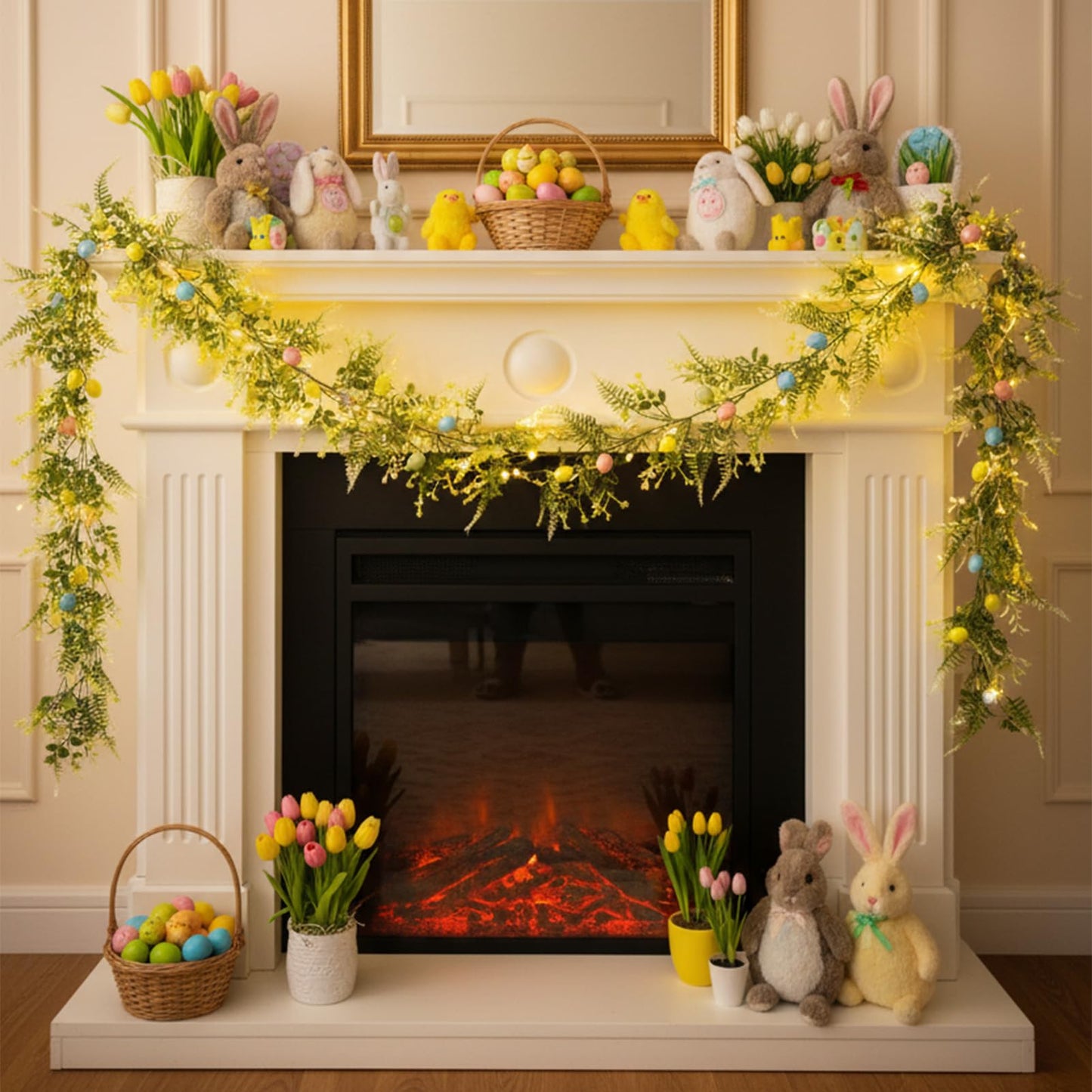 6FT Lighted Easter Egg Garland, Battery Operated Spring Garland with Warm White LED Lights, Easter Decorations for Fireplace Mantel, Door, Indoor & Outdoor Holiday Decor