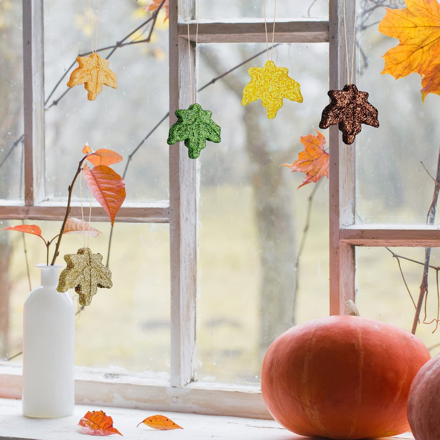 36 Pcs Thanksgiving Maple Ornaments Fall Glitter Leaf Hanging Decor Mini Leaf Tree Ornaments for Thanksgiving Day Autumn Anniversary Party Decoration(Maple