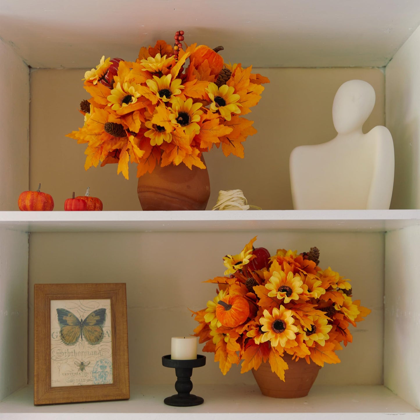 4Pcs Artificial Maple Leaf Pumpkin Branch with Berry and Sun Flowers, Autumn Floral Branch for DIY Arrangment Decor