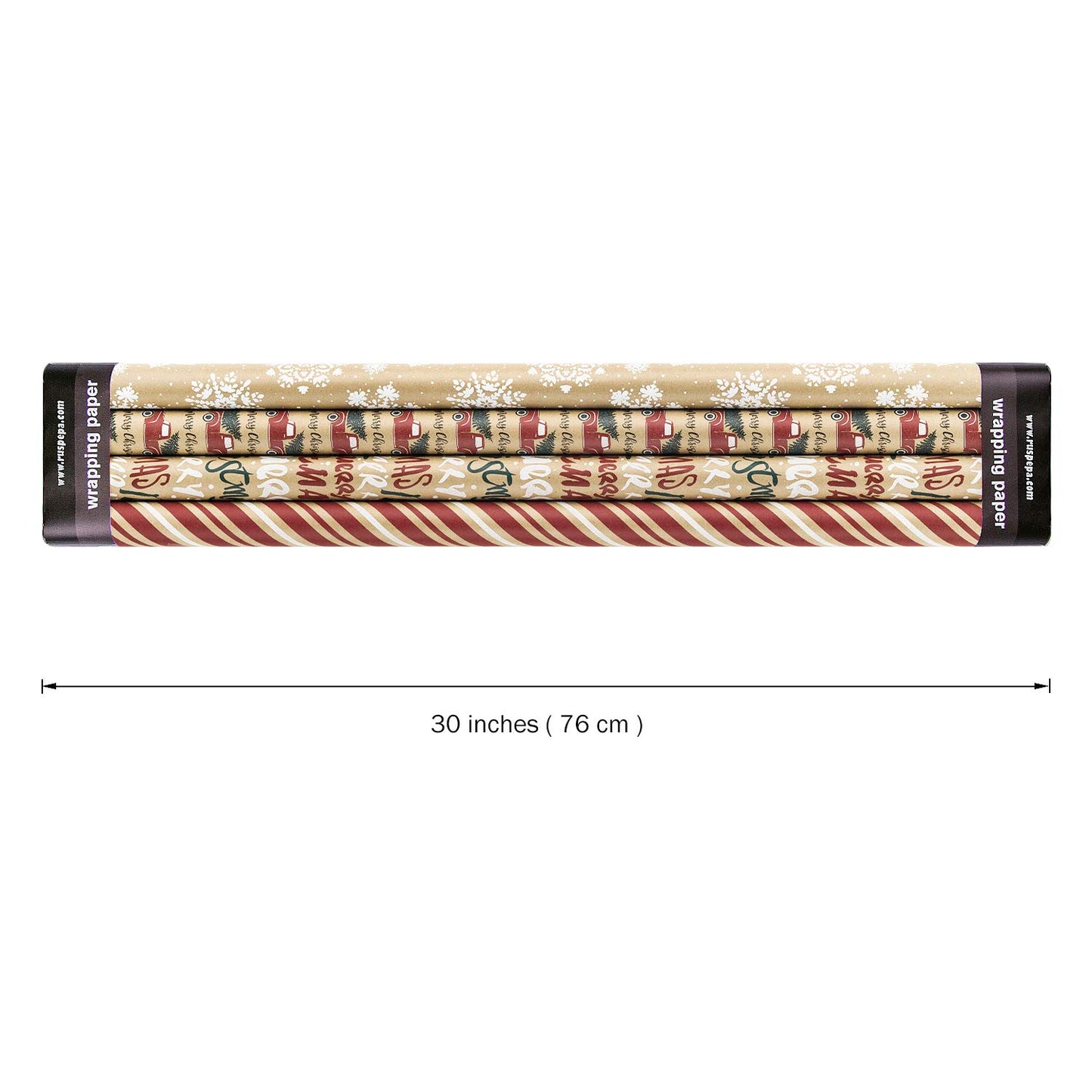 Wrapping Paper, Kraft Paper - Snowflakes, Car and Christmas Tree, Stripes and Merry Christmas - 4 Rolls - 30 inches x 10 feet per Roll