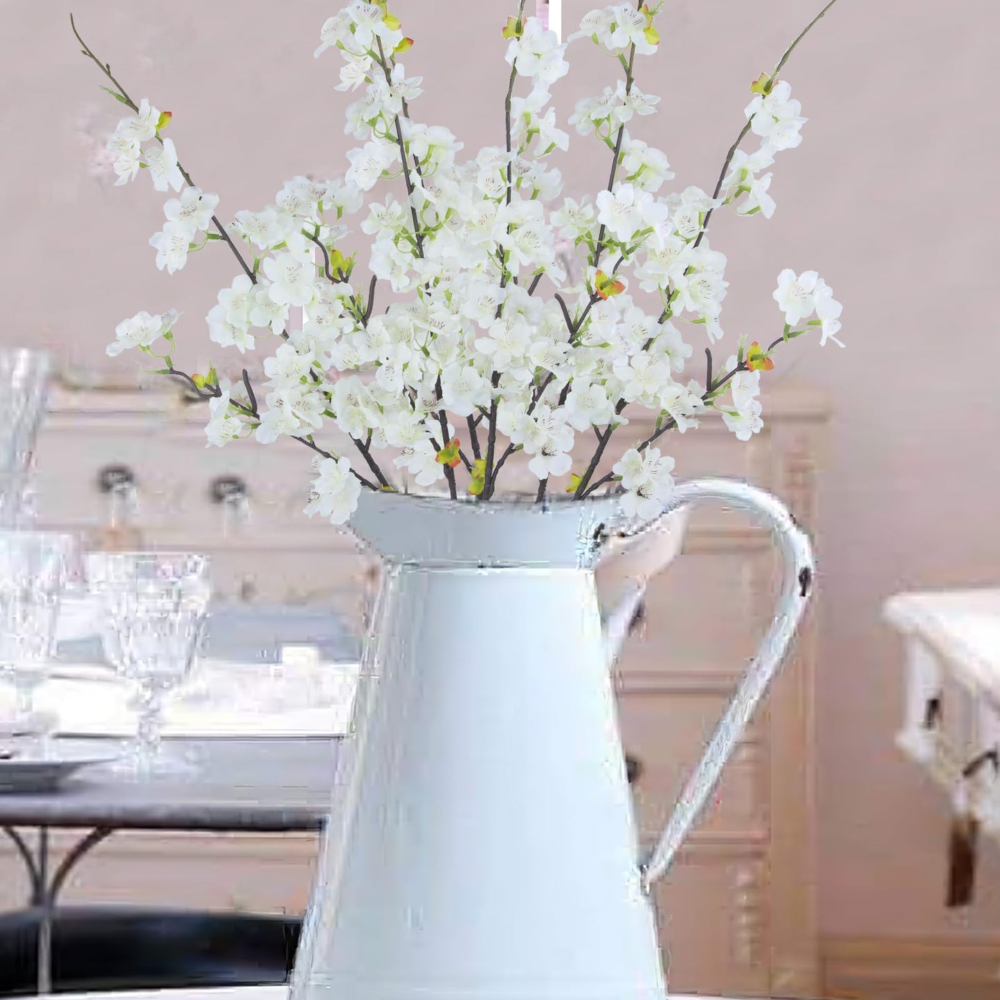 CITYES 3 Pcs Artificial Cherry Blossom Branches Flowers White Silk Peach Flowers Bulk Faux Spring Branches Arrangement Fake Cherry Stems for Indoor Outdoor Party DIY Wedding Table Vase Decor