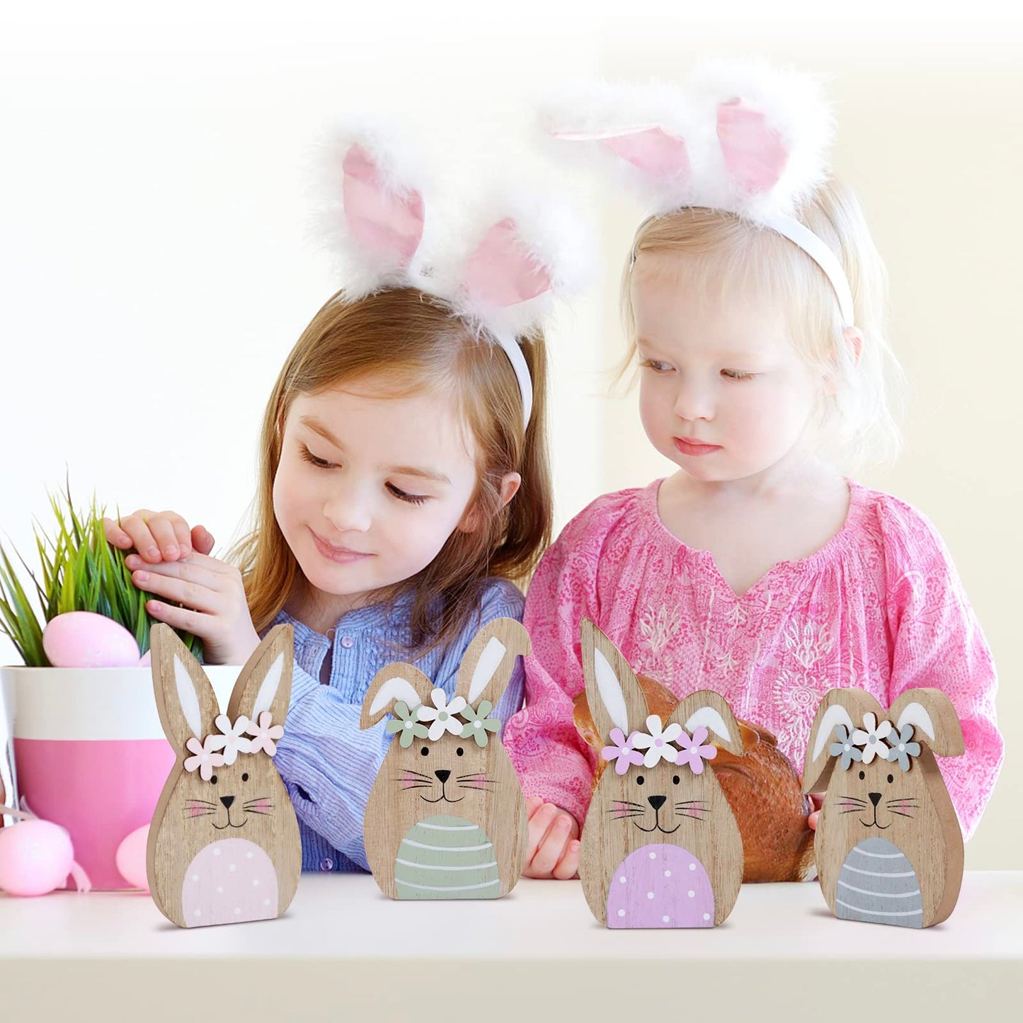 4 Pack Wooden Easter Bunny Table Decorations Easter Peeps Decor Spring Wood Bunnies Rabbit Ornament Farmhouse Tabletop Decor for Party Tiered Tray Mantle Desk Office Home Party Patio Yard Decor