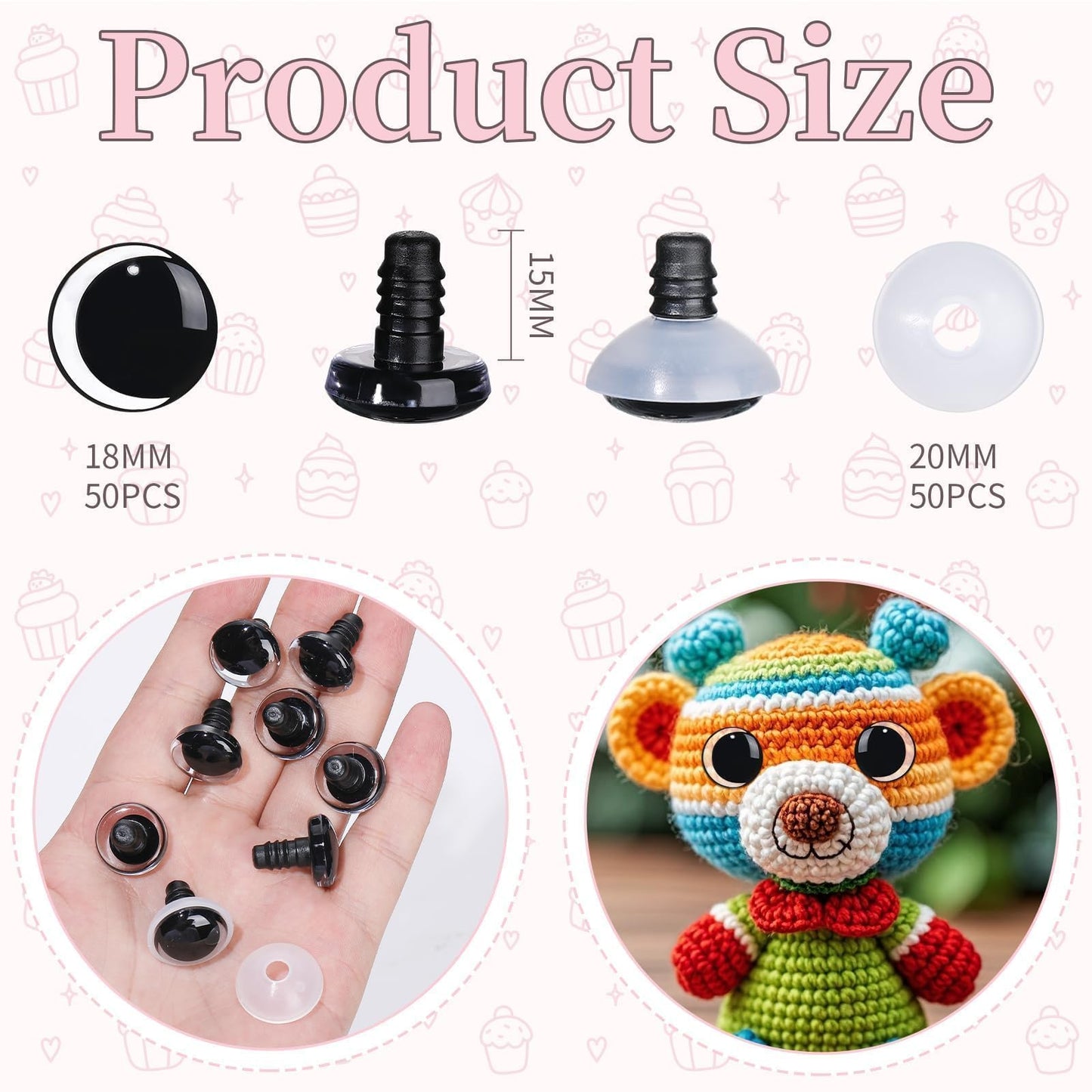 MUCUNNIA 100PCS 18mm Moon Safety Eyes for Crocheting with Washers Clear Safety Eyes for Amigurumi 3D Moon Crochet Eyes Doll Eyes for Animals Teddy Bear Crochet Toy Christmas Decorations