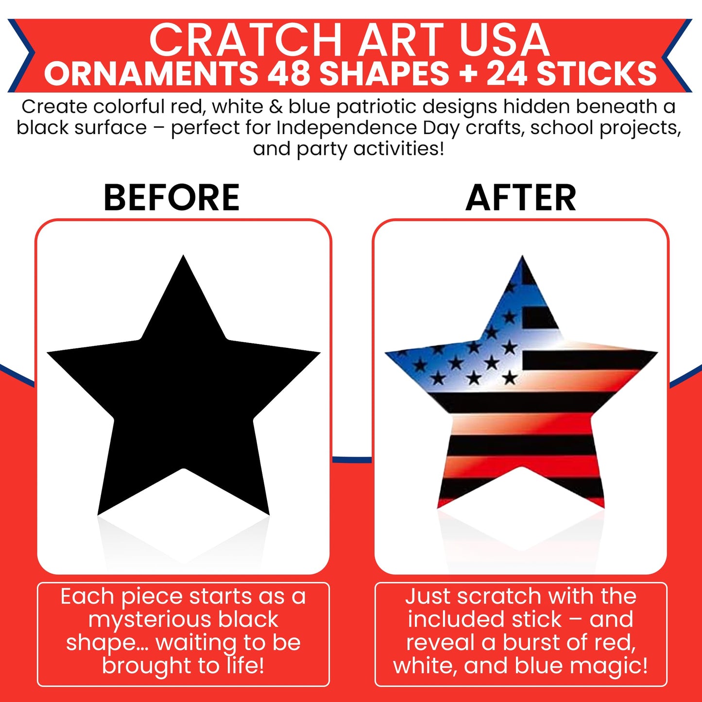 Iconikal 48-Pack Americana Scratch Art Ornaments, Patriotic, 4x5-Inch, 24 Sticks, Red White Blue