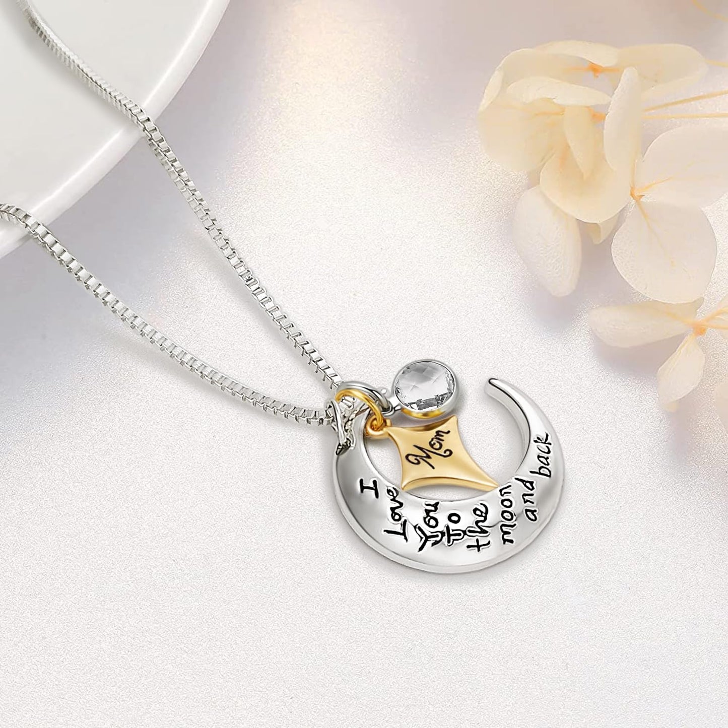 POWER WING Mom Necklaces for Women I Love You to The Moon and Back April Birthstone Necklace Birthday Gifts for Mom Mothers Day Gifts for Women