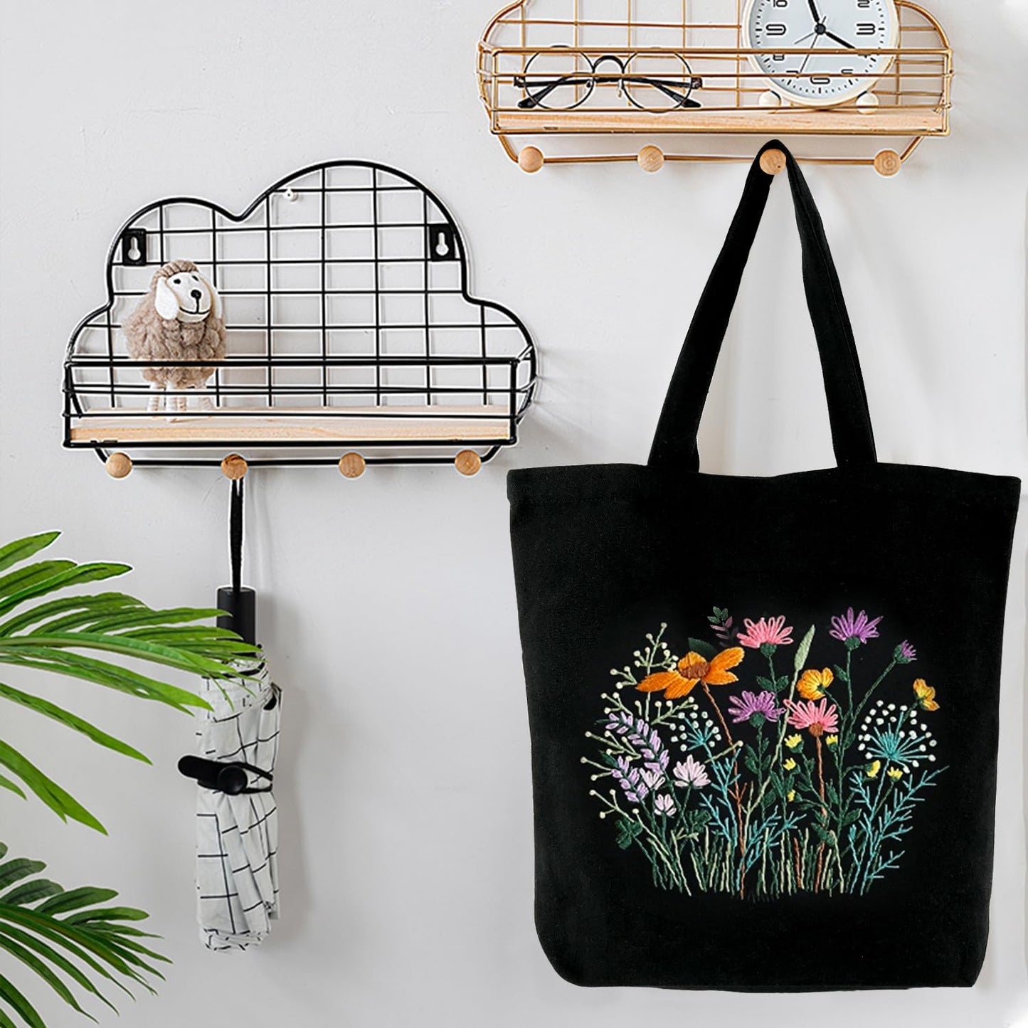 Canvas Tote Bag Embroidery Kit with Pattern, Beginner Embroidery Kits for Adults, Arts and DIY Crafts Embroidery Starter kit, Include Stamped Embroidery Bag, Embroidery Hoops, Color Threads and Tool.