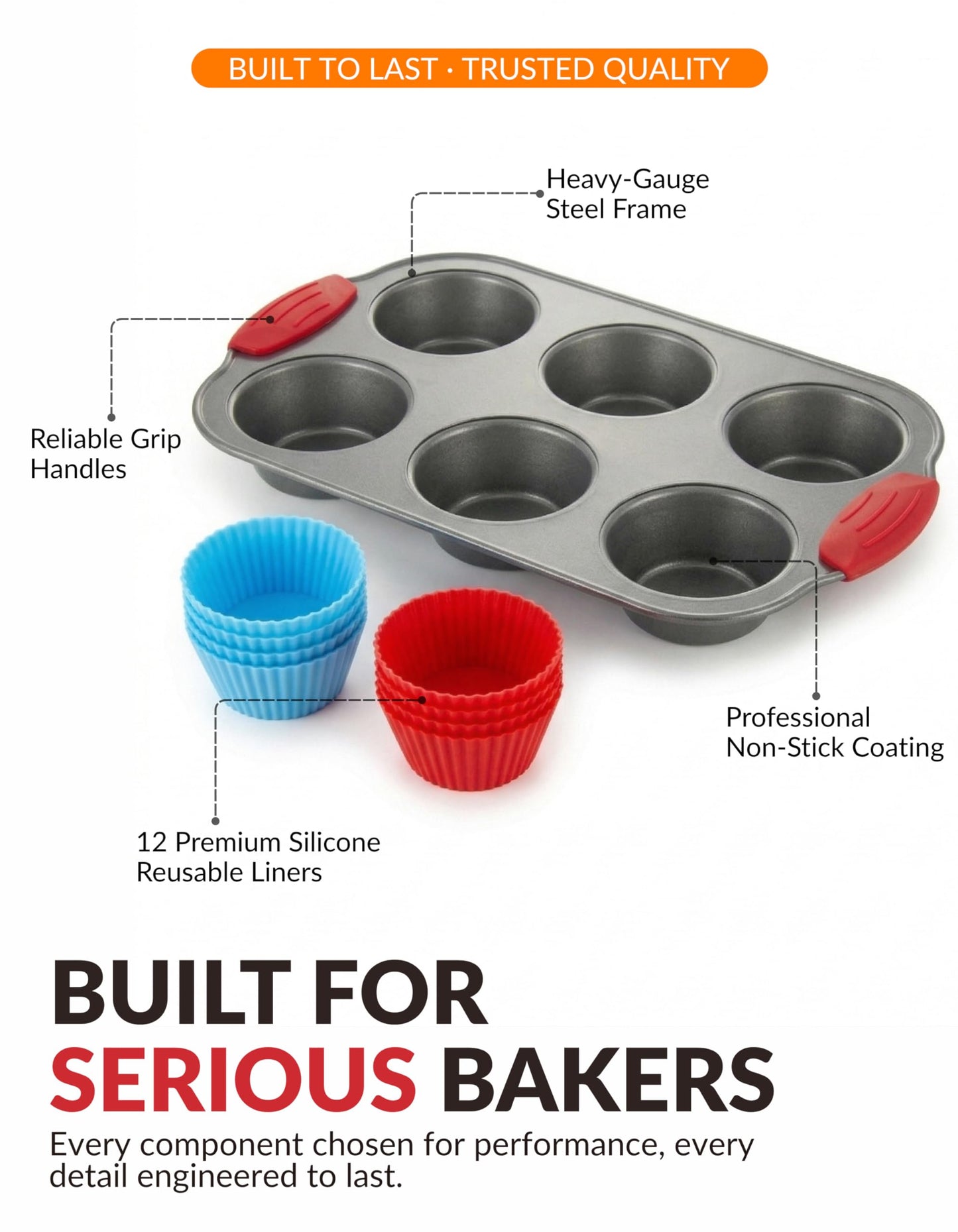Boxiki Kitchen Non-Stick Steel 6 Cup Muffin Pan with Silicone Handles and Reusable Liners - Perfect for Baking Large Muffins and Cupcakes