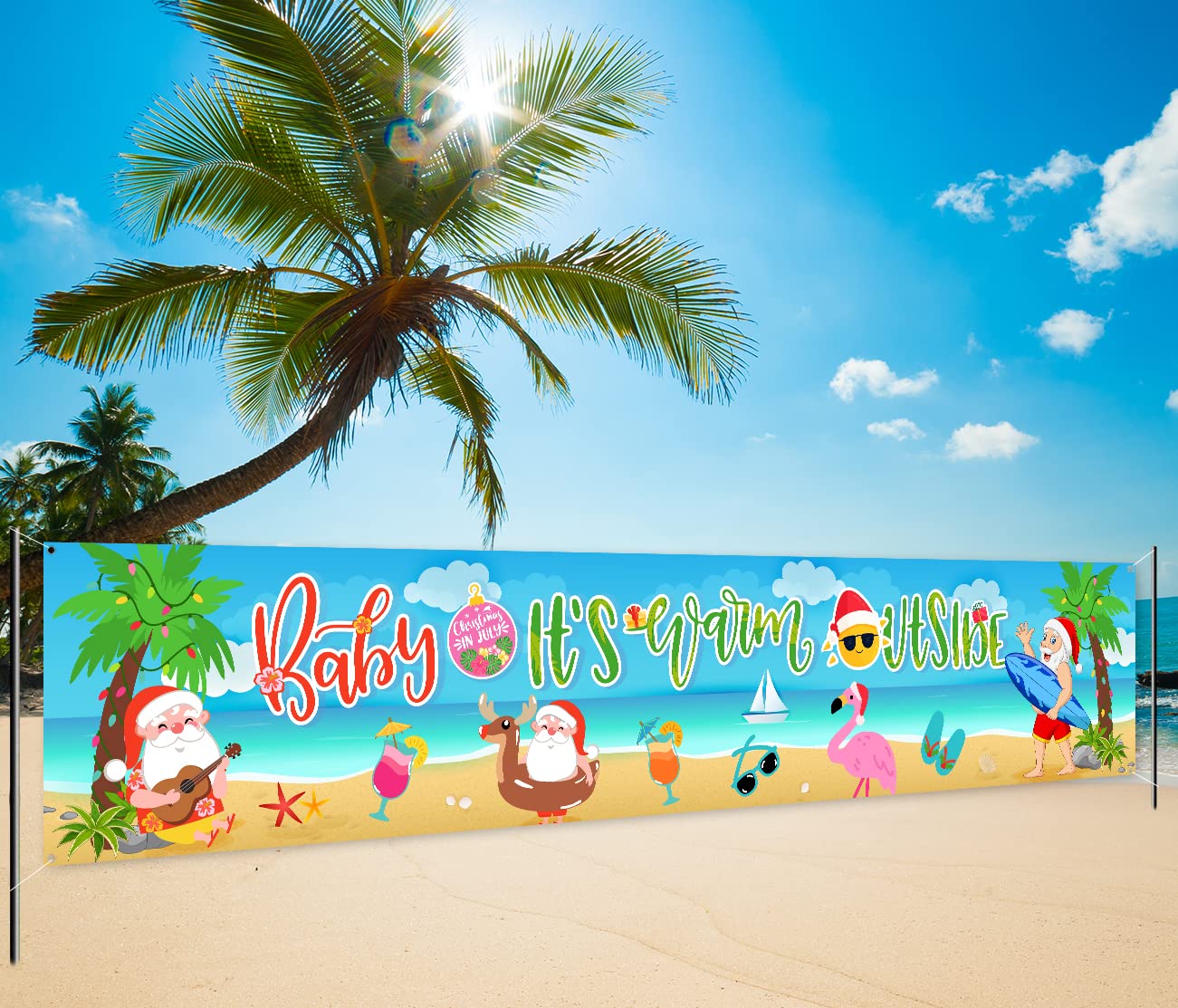Christmas In July Decorations Baby It’s Warm Outside Banner Summer Christmas Yard Sign with Santa Claus, Beach and Flamingos for Hawaii Christmas Theme Supplies Indoor Outdoor Decorations