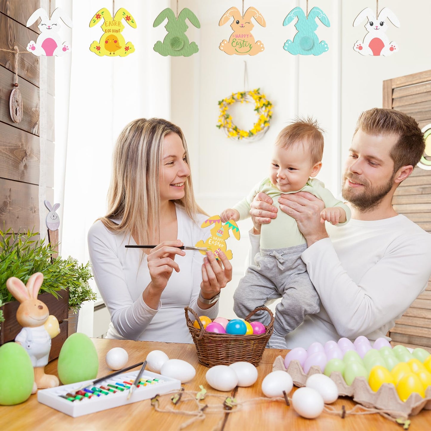 Wooden Rabbit Ornaments to Paint Easter Decoration Cutouts Unfinished 24PCS 3.5 x 3 inches, DIY Blank Bunny Unfinished Wood Discs Ornament for Home Crafts Hanging Spring Decoration