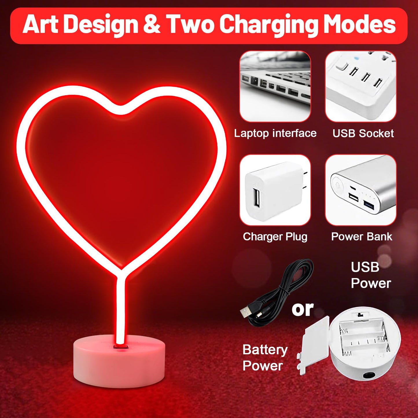 2 Pack Heart Neon Signs, LED Lights Battery Operated or USB Powered Decoration Lamp, Neon Lights Decor for Valentine's Day Gifts, Wedding, Party, Pink Room Decor (Red Heart)