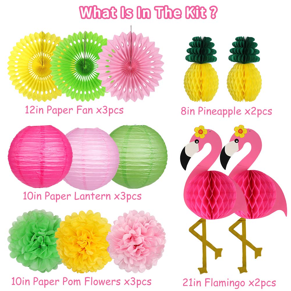 YUNXUAN Flamingo Party Supplies, Hawaiian Party Decorations Flamingo and Pineapple Honeycomb Ball Paper Lanterns Paper Fans Pom poms Flowers for Birthday Luau Tropical Bachelorette Party