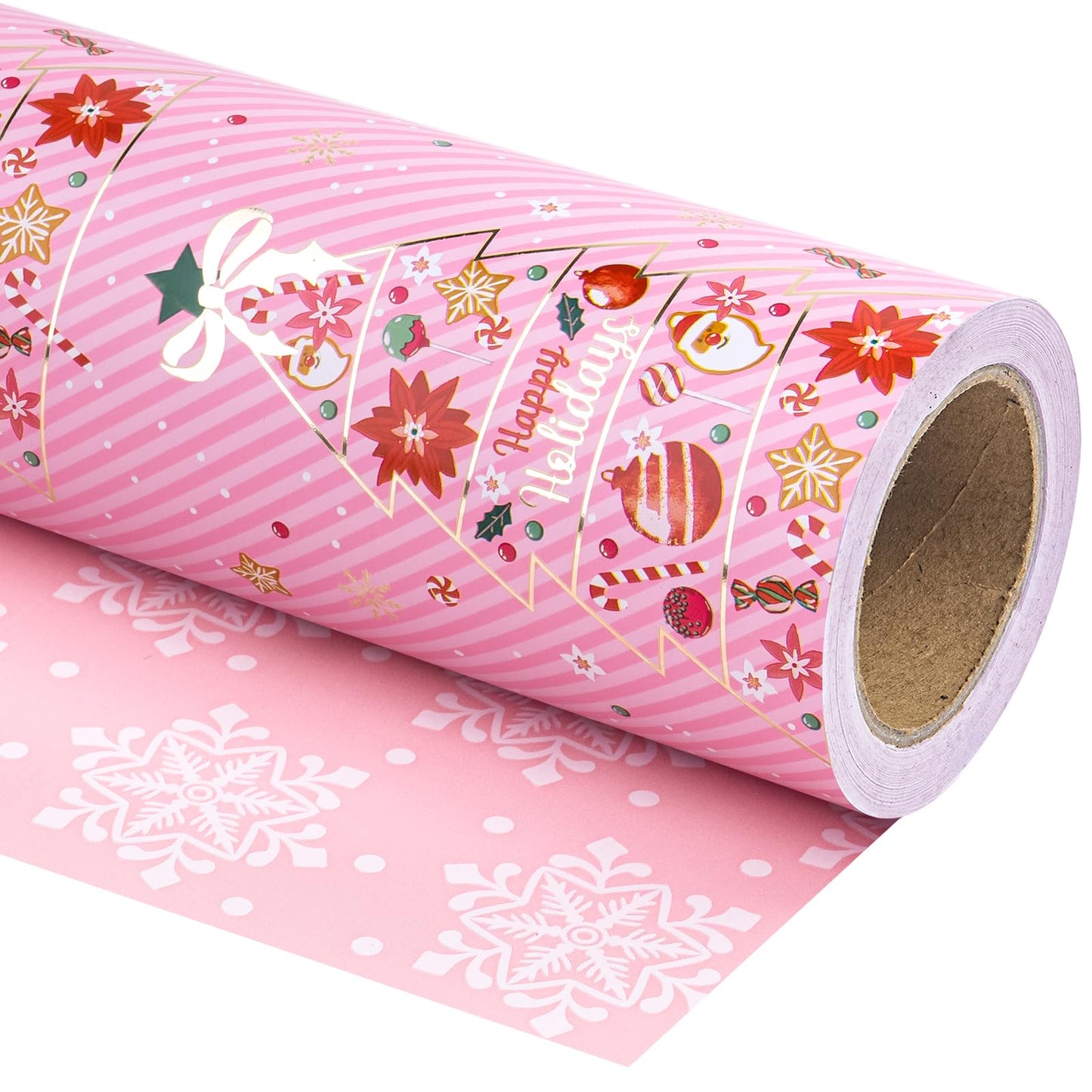 Reversible Pink Christmas Wrapping Paper - Mini Roll - 17 Inch x 33 Feet - Pink Christmas Tree Wrapping Paper and Snowflake Design for Holiday, Party Celebration