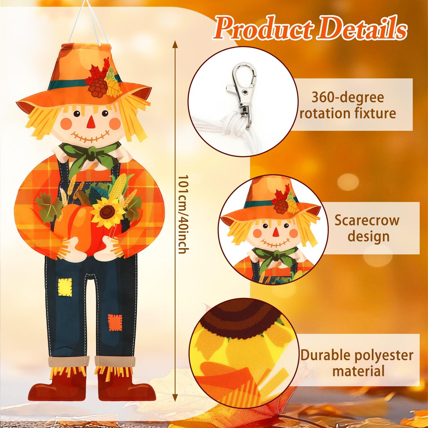 2 Pcs Fall Scarecrow Windsocks, Autumn Outdoor Hanging Flag Fall Scarecrow Hanging Sign Thanksgiving Outside Flag for Yard Lawn Patio Garden Party Decorations