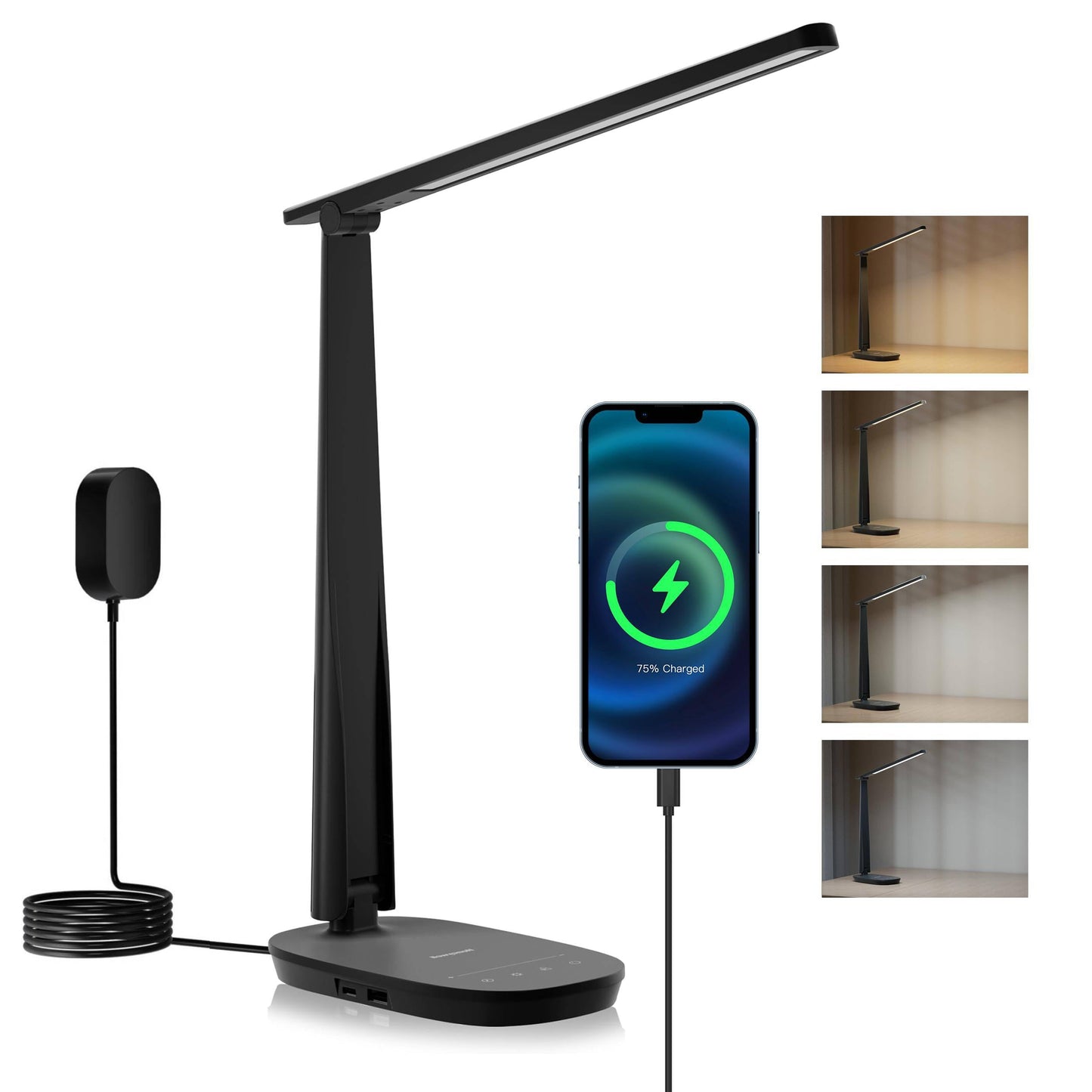 Honeywell HWT-H2 LED Desk Lamp, CRI94 Full Spectrum Eye-Caring Table Light, Foldable Dimmable 4 Color Modes with USB A+C Charging Ports for Home Office Bedroom Reading Study Work (Black)