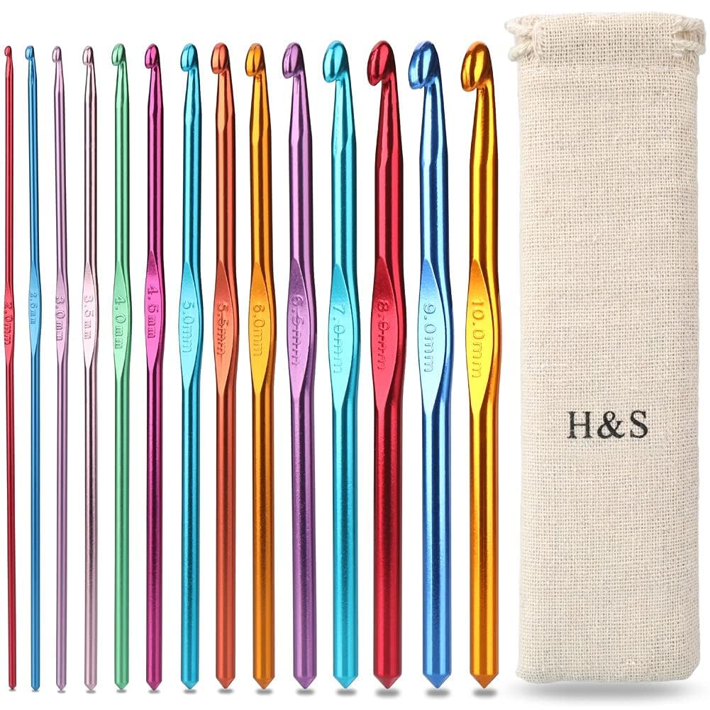 H&S Crochet Hooks Set Aluminium 14pcs Needles with Pouch Case 2mm 2.5mm 3mm 3.5mm 4mm 4.5mm 5mm 5.5mm 6mm 6.5mm 7mm 8mm 9mm 10mm
