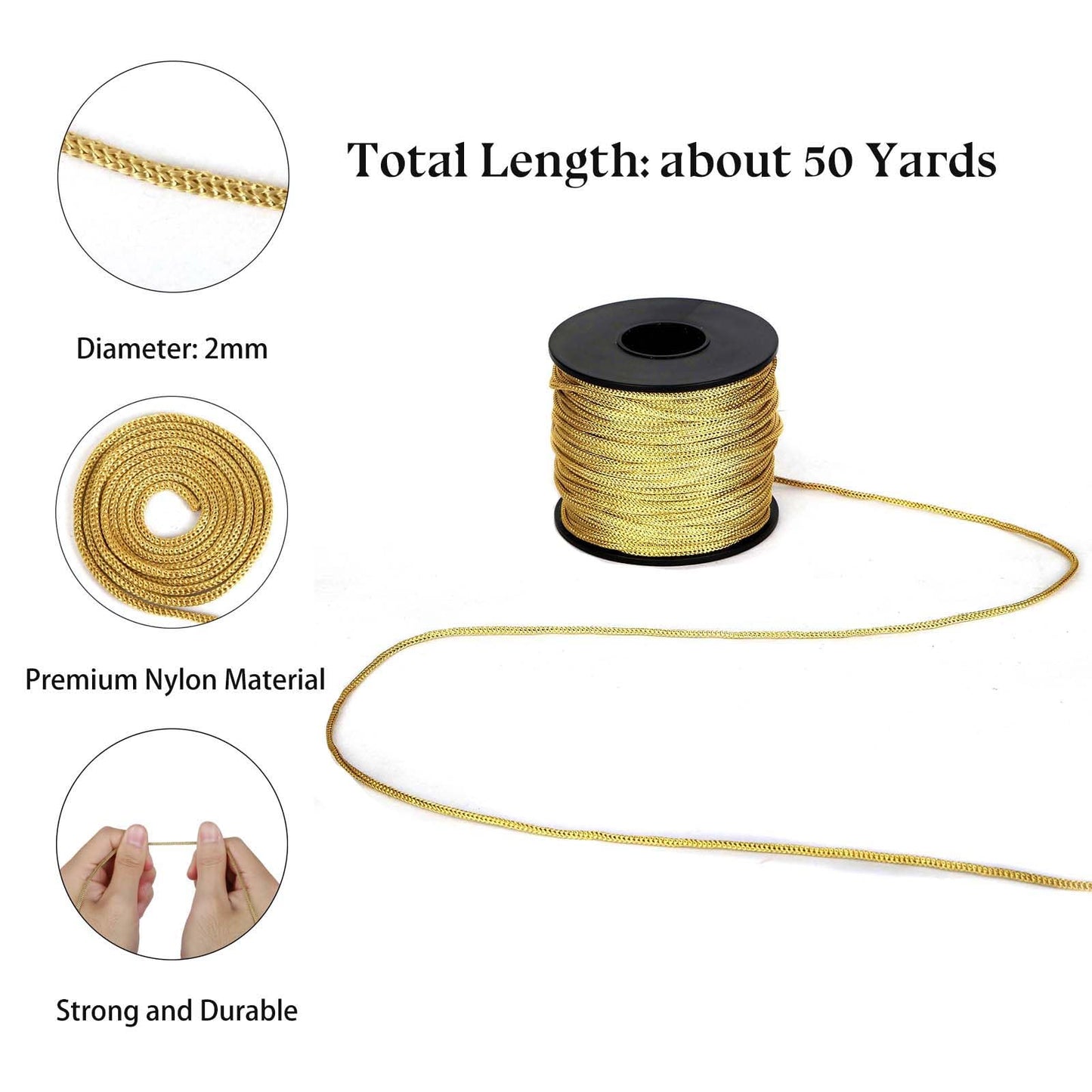 BEL AVENIR Nylon Satin Cord, 2mm 50 Yards Braided Lift Shade Cord for Necklace Bracelet String Cord, Blind Shade, Trim and Shoelaces (Gold)