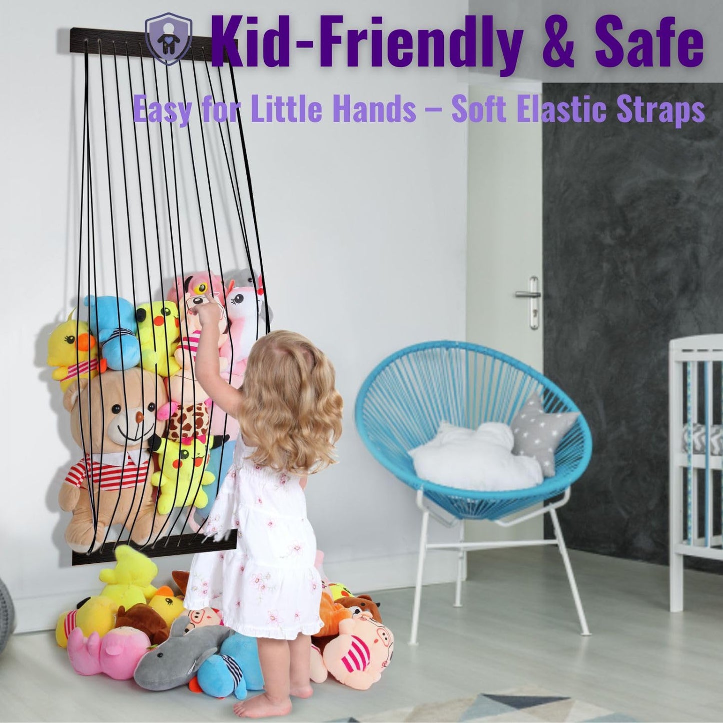 Stuffed Animal Storage Wooden Soft Toy Storage for Kids Room，Wall Mount Door Hanging Stuffed Animal Toy Organizer Shelf for Nursery Play Room Black -Patent