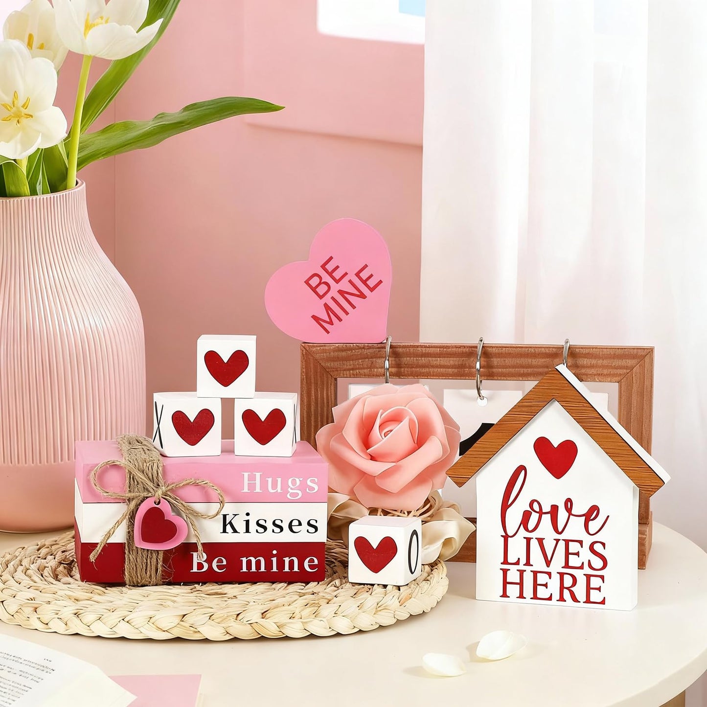 Valentines Day Decorations, Wood Book Stack with XOXO Blocks for Table Shelf Tiered Tray Decor, Freestanding Valentines Day Decor
