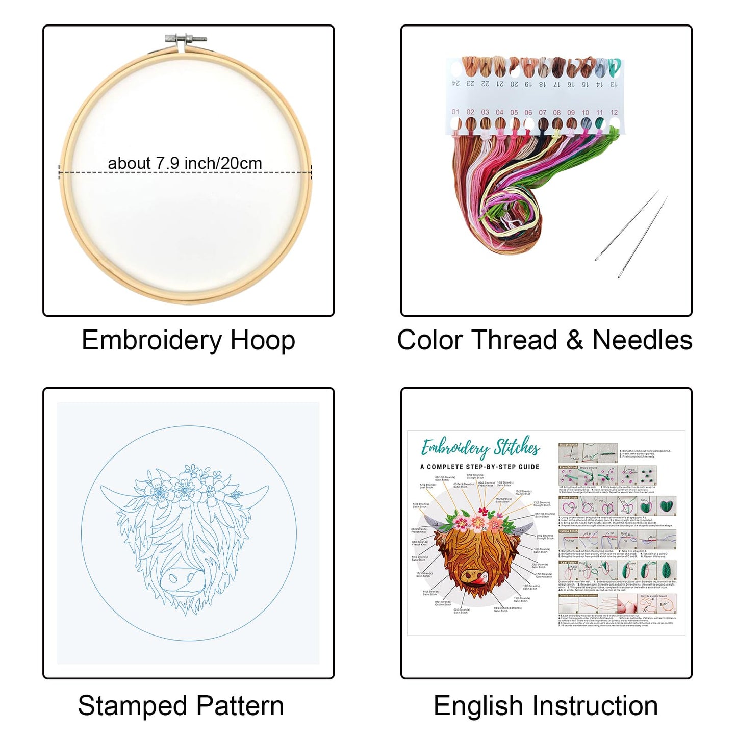 Louise Maelys Highland Cow Stamped Embroidery Kits for Beginners, Cross Stitch kit for Adults Include Instruction,Cloth,Hoop, Needles, Color Threads