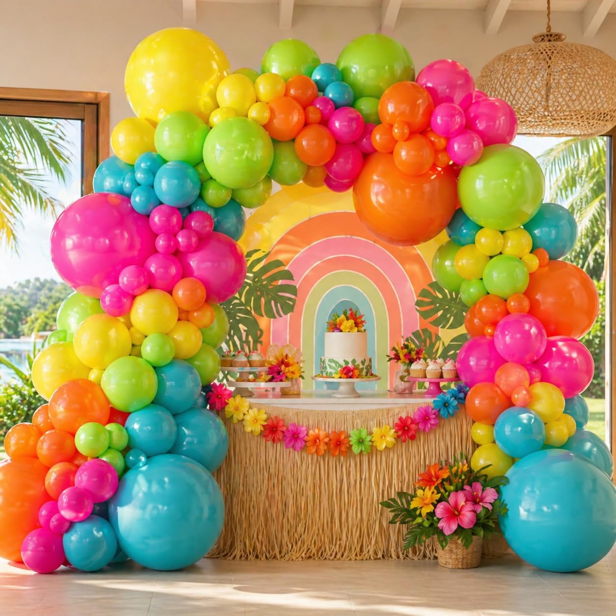 141 Pcs Rainbow Neon Balloon Arch Kit, Hot Pink Lime Green Orange Slate Blue Yellow Latex Hawaii Summer Tropical Balloon Garland for Hawaiian Luau Aloha Birthday Baby Shower Pool Party Decorations