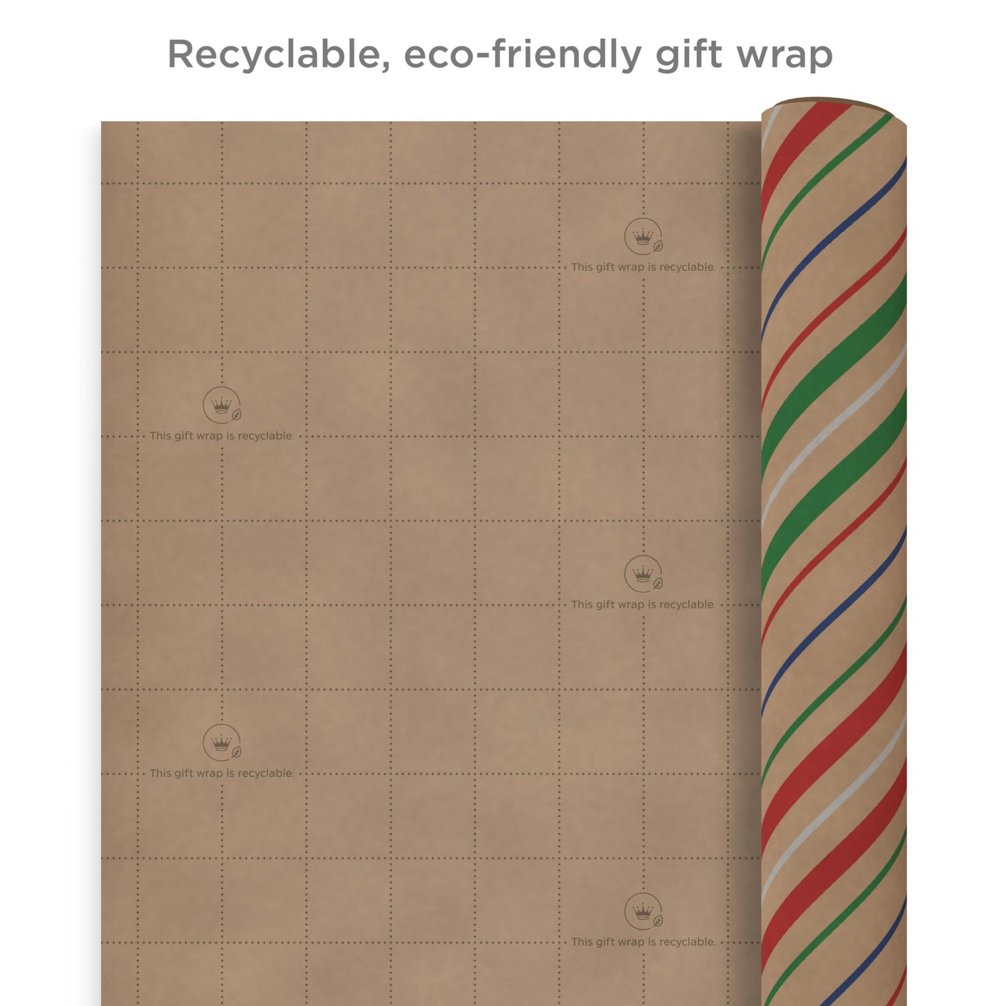 Recyclable Christmas Wrapping Paper for Kids with Cut Lines on Reverse (4 Rolls: 88 sq. ft. ttl) Kraft Brown with Christmas Lights, Deer, Snowflakes, Red, Green, Blue Stripes (0005JXW1212)