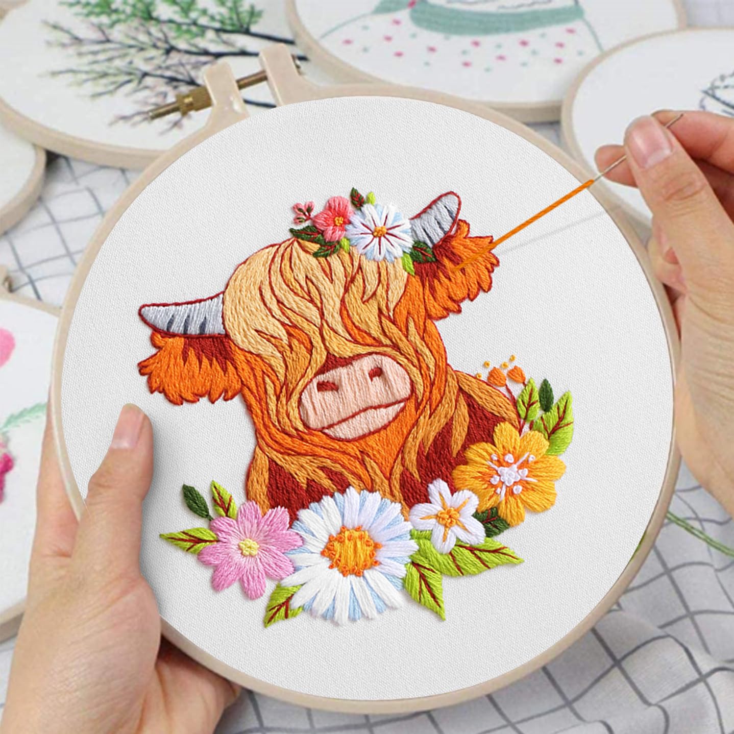 3 Sets Embroidery Kits for Beginners,Cross Stitch Kit for Adults,Starters DIY Needlepoint Including Hoop -Highland Cow and Florals Pattern