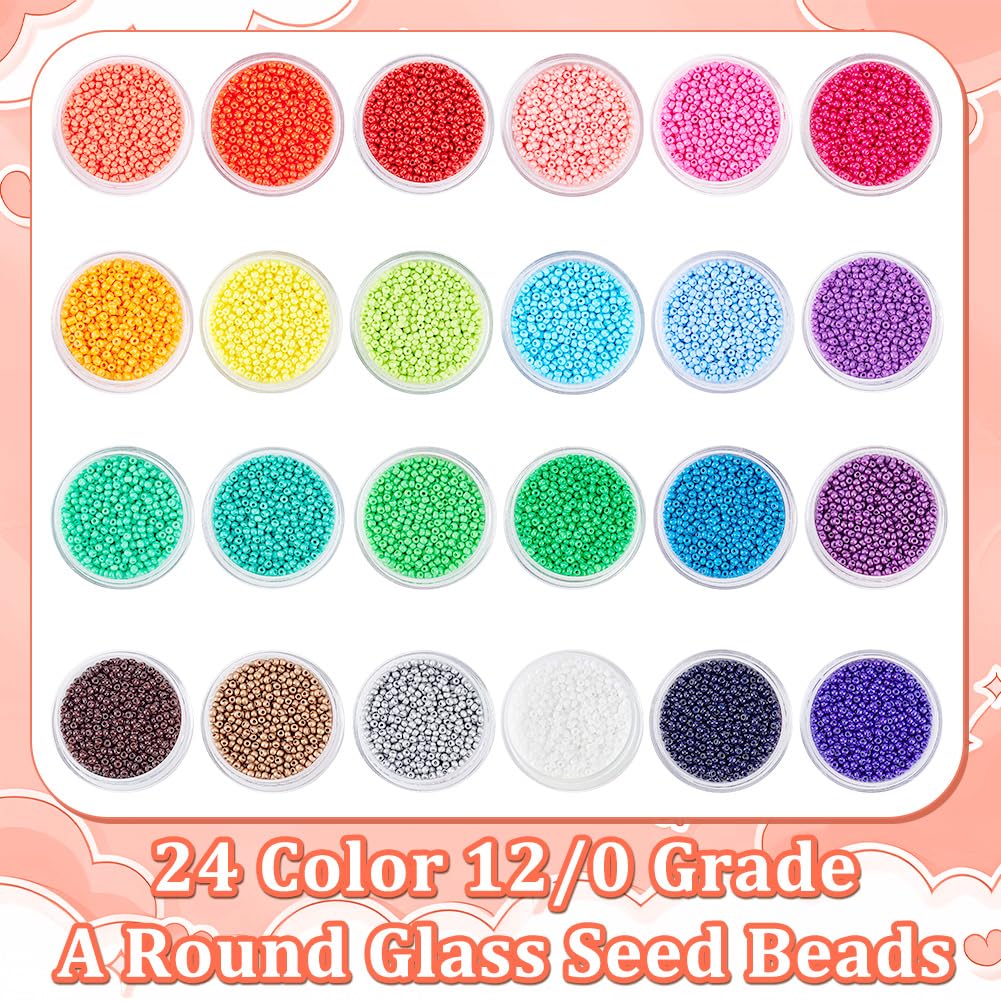 PH PandaHall 24000 Pcs 11/0 Multicolor Beading Glass Seed Beads 24 Colors 2mm Round Pony Bead Mini Spacer Beads with Container Box for Earring Bracelet Necklace Jewelry DIY Craft Making