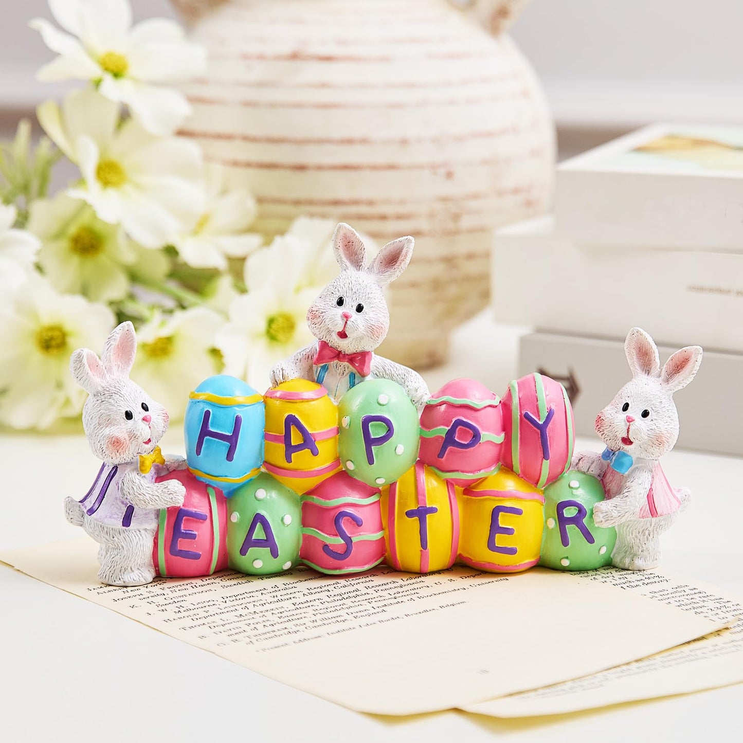 3 Bunny Holding Eggs and Happy Easter Decorations, Resin Easter Bunny Rabbits Figurine Tabletop Centerpiece for Spring Decor Easter Home Office Party Decor