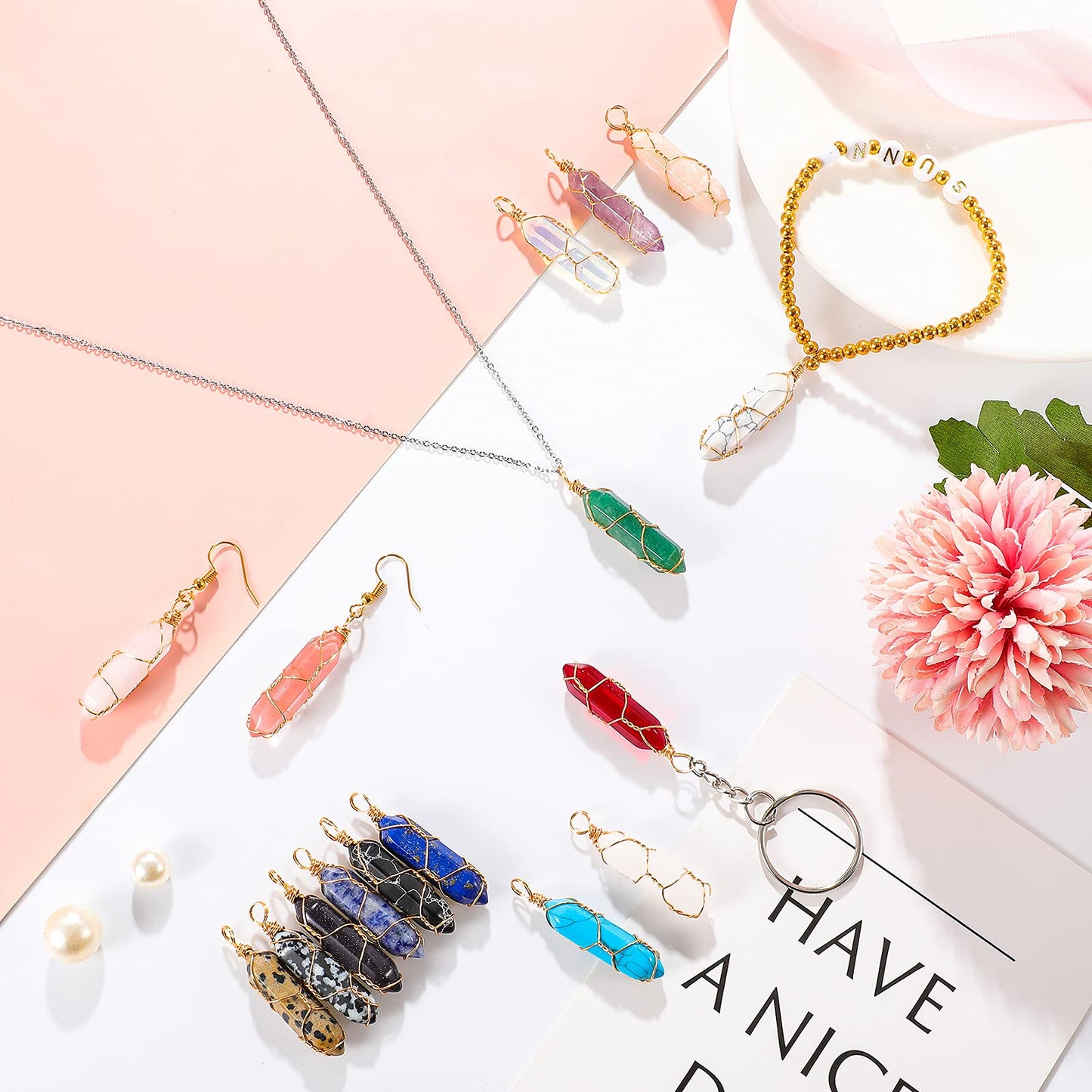 16 Pieces Healing Crystal Pendant Hexagonal Natural Crystal Pendant Pointed Quartz Gemstone Pendant Wire Wrapped Charms for Necklace Jewelry Making DIY Craft (Lovely Colors)