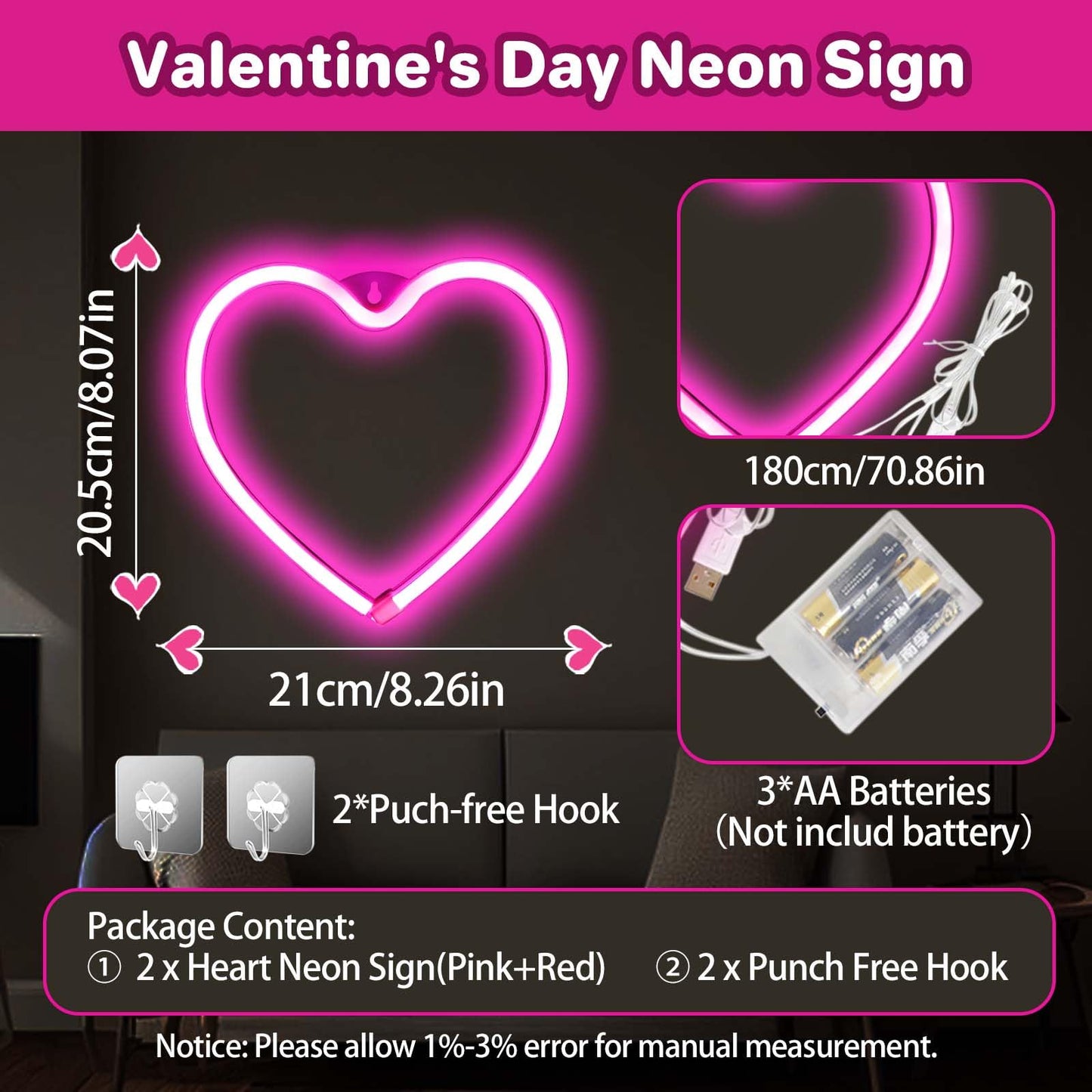 2 Pack Heart Neon Sign LED Neon Lights for Wall Window Decor Valentine's Girl Room Wedding Party Dorm(Pink,Red)