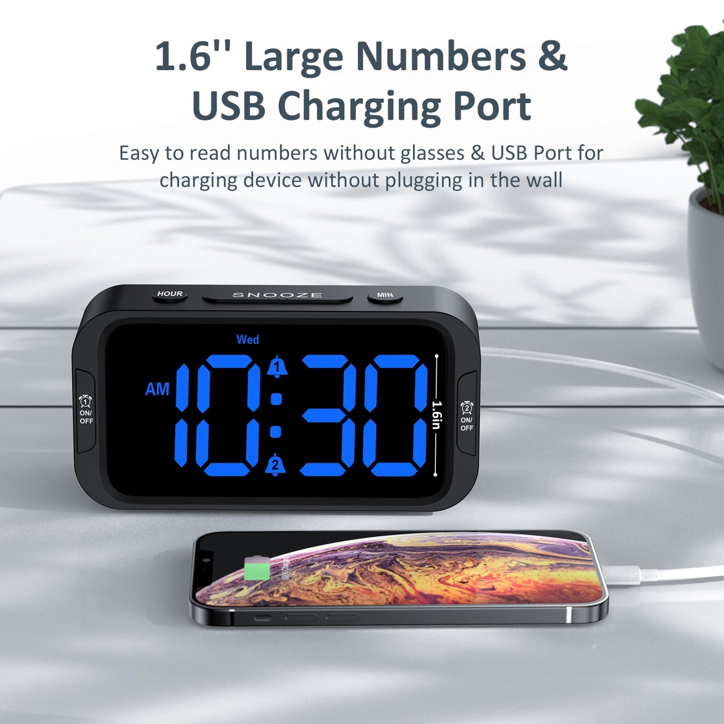 Digital Dual Alarm Clock for Bedroom, Easy to Set, 0-100% Dimmer, USB Charger, 5 Sounds Adjustable Volume, Weekday/Weekend Mode, Snooze, 12/24Hr, Battery Backup, Compact for Bedside(Blue)