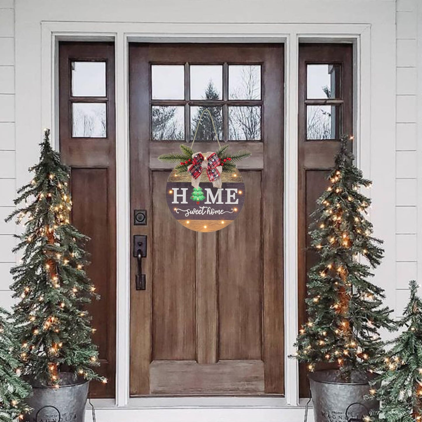 Interchangeable Seasonal Welcome Sign Front Door Decoration with 4 Seasonal Wreaths and LED Light, Rustic Round Wood Wreaths Wall Hanging Outdoor, Farmhouse Front Door Decoration Home Décor