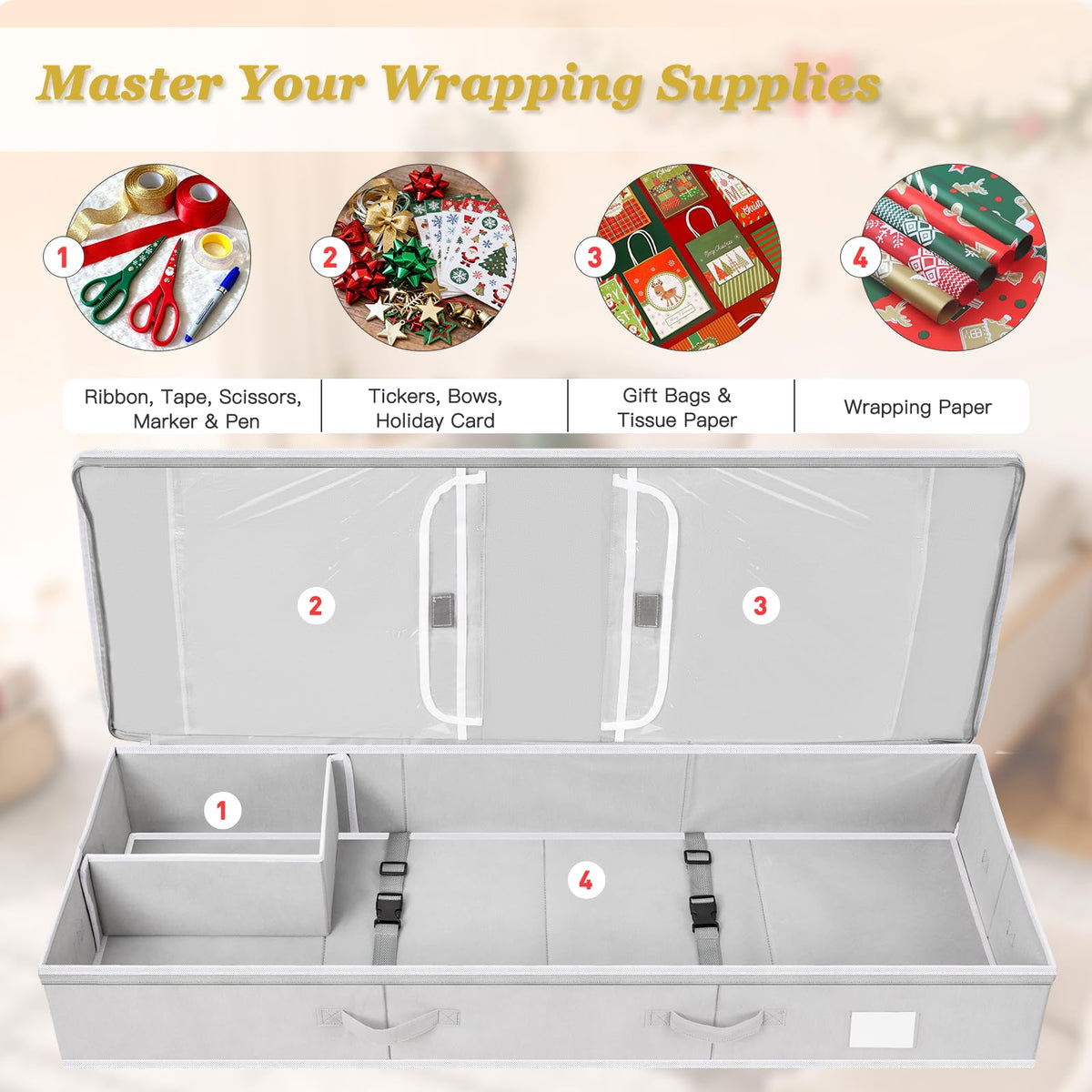 Criusia Gift Wrapping Paper Organizer Storage, Durable Underbed Storage Container Fits 24 Rolls, with Removable Dividers and Pockets for Ribbon, Ornaments, Holiday Accessories, Grey