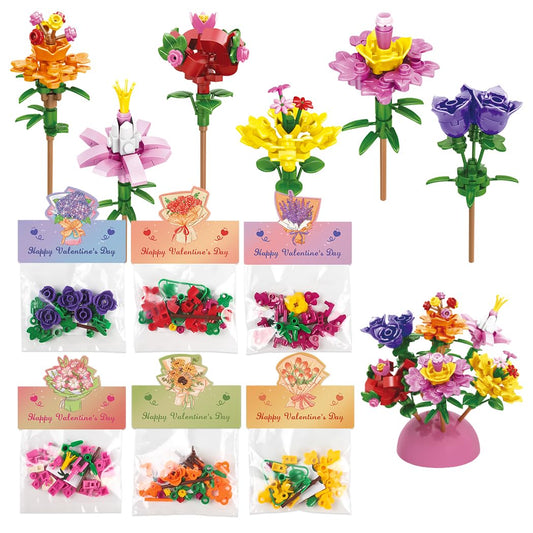 24 Pack Valentine's Flower Bouquets Building Blocks - Ideal for Kids Classroom Exchange, Party Favors, and School Gifts, Includes Greeting Cards & Variety Designs for Boys and Girls