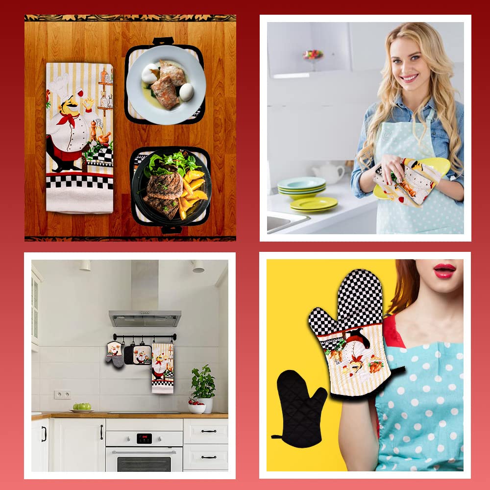 Lobyn Value Packs - Charming 5 Piece Kitchen Towel Set: Chubby Uniformed Chef Design, includes 2 Decorative Dish Towels (25x15) 1 Oven Mitt and 2 Potholders (6.5 Sq)