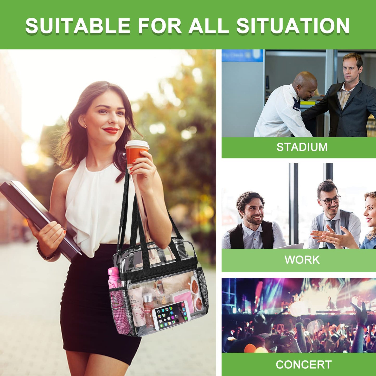 Oraben Clear Bag Stadium Approved 12x6x12 Clear Tote Bag with Removable Strap Clear Lunch Bag for Work Sports Festival (Black)