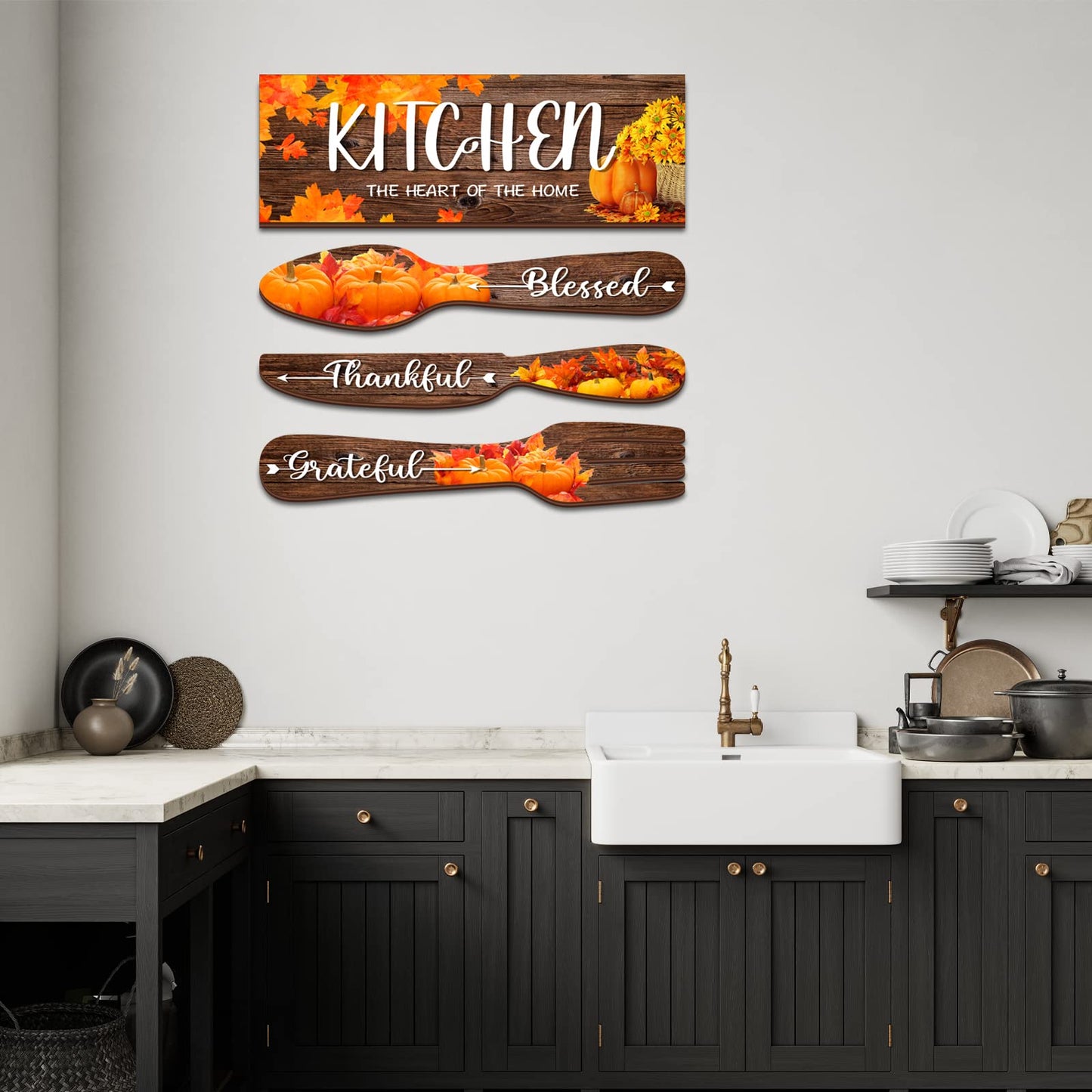 YLOLUL 4 Pieces Fall Pumpkin Kitchen Decor Eat Sign Set Fork and Spoon Wooden Hanging Wall Decor Art Rustic Country Farmhouse Kitchen Maple Fall Wall Art Sign for Dining Room Home