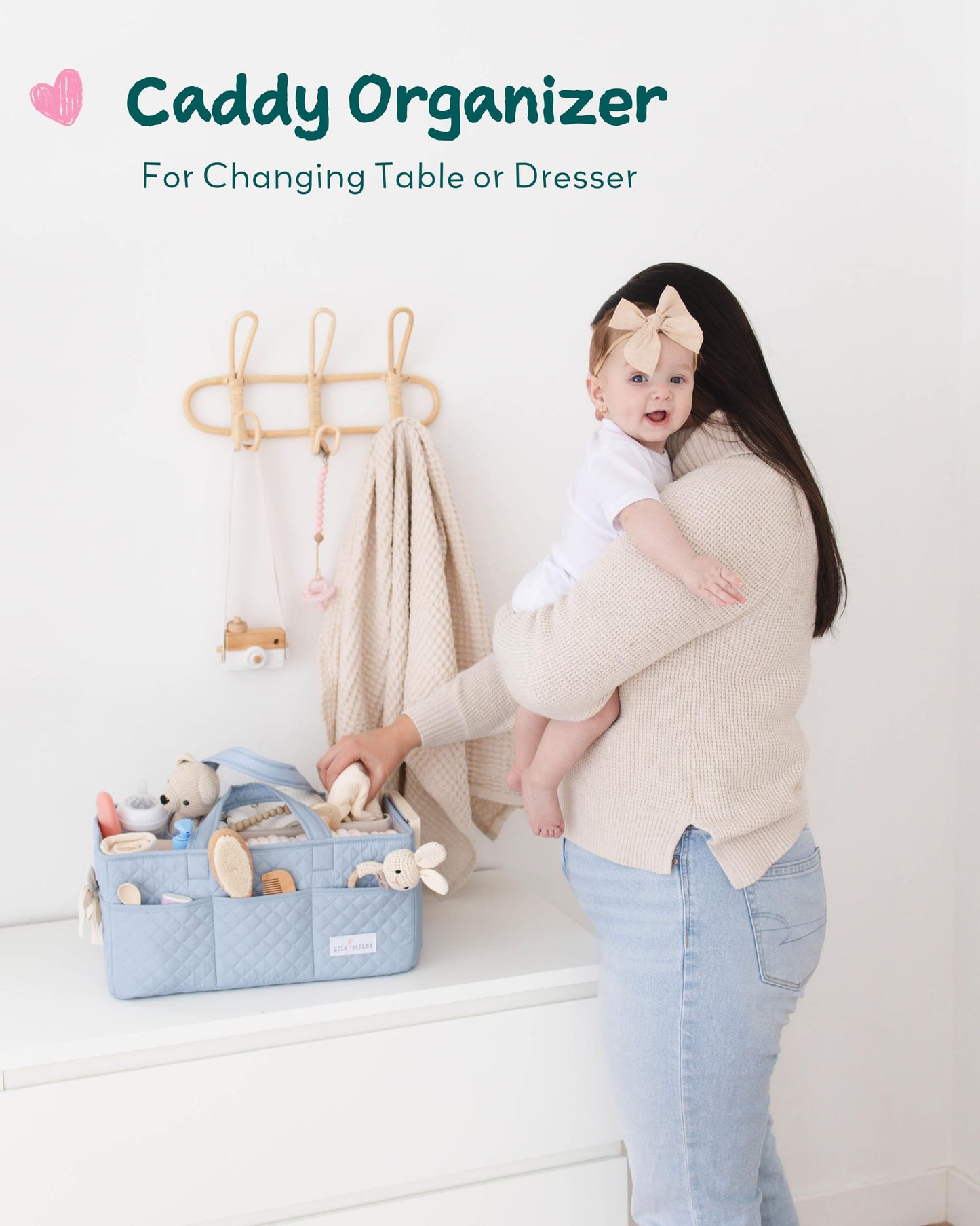 Lily Miles Baby Diaper Caddy Organizer, Quilted Nursery Storage Organizer for Newborn Essentials and Diaper Changing Station, Gift for Baby Shower and Registry Must-Have (Baby Breeze)