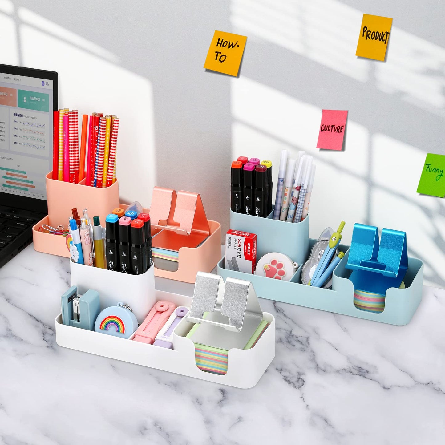 Pen Holder for Desk, Desktop Organizer with Mobile phone holder/Pencil Holders/Sticky Note Tray/Paperclip Storage and Office Stationery Accessories Caddy for Office Home School (White)